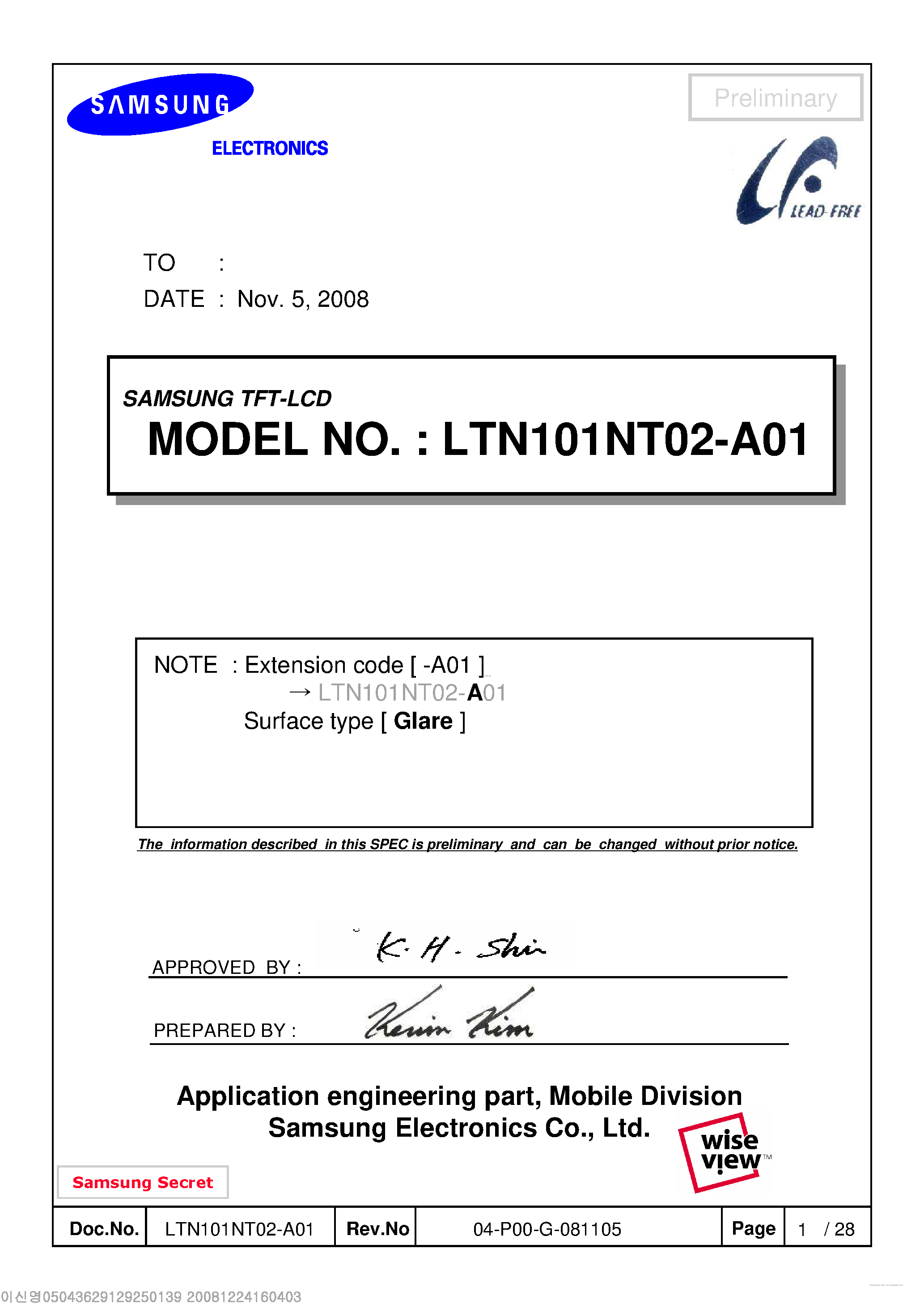 Datasheet LTN101NT02-A01 - TFT LCD page 1