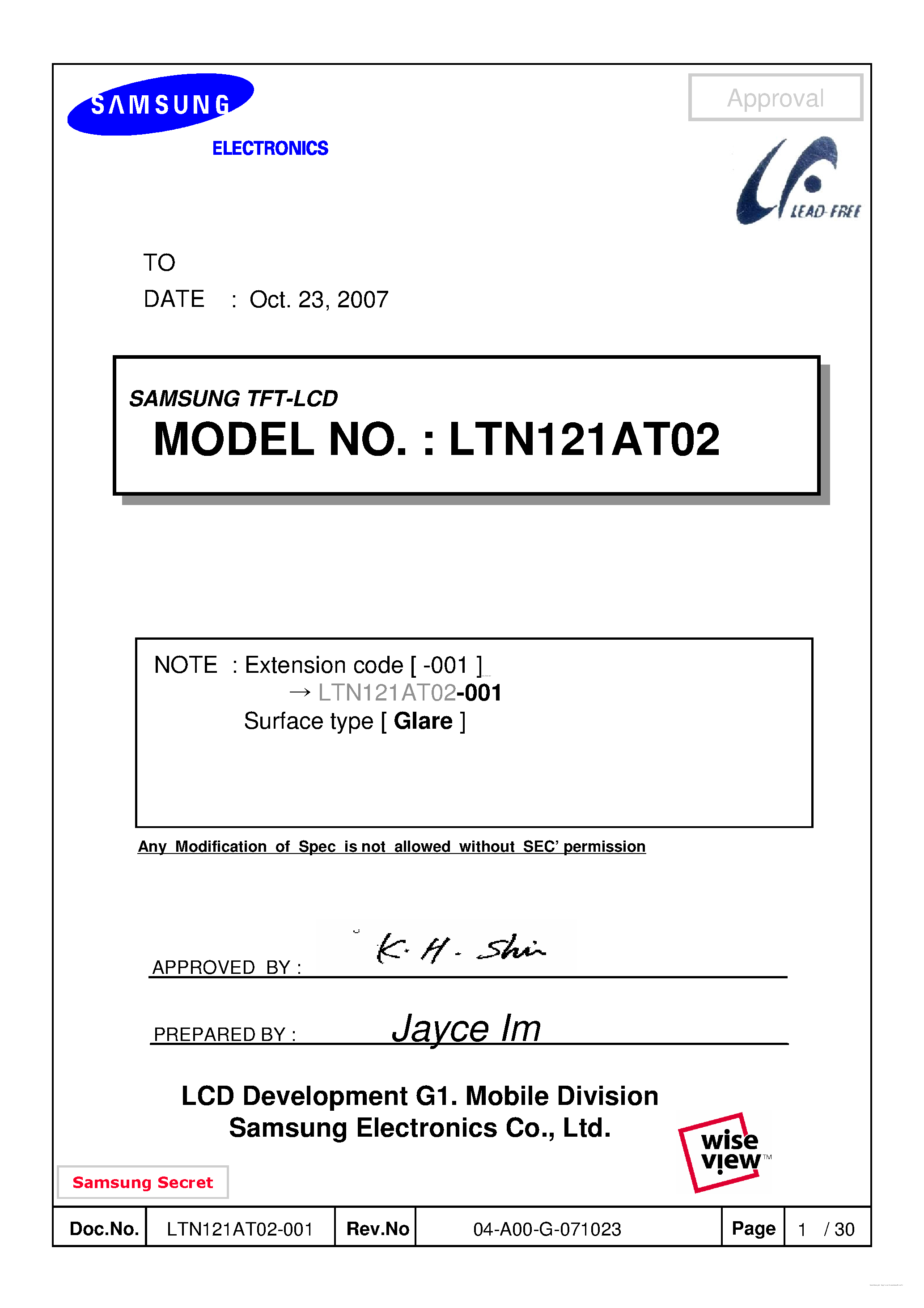 Datasheet LTN121AT02 - TFT LCD page 1