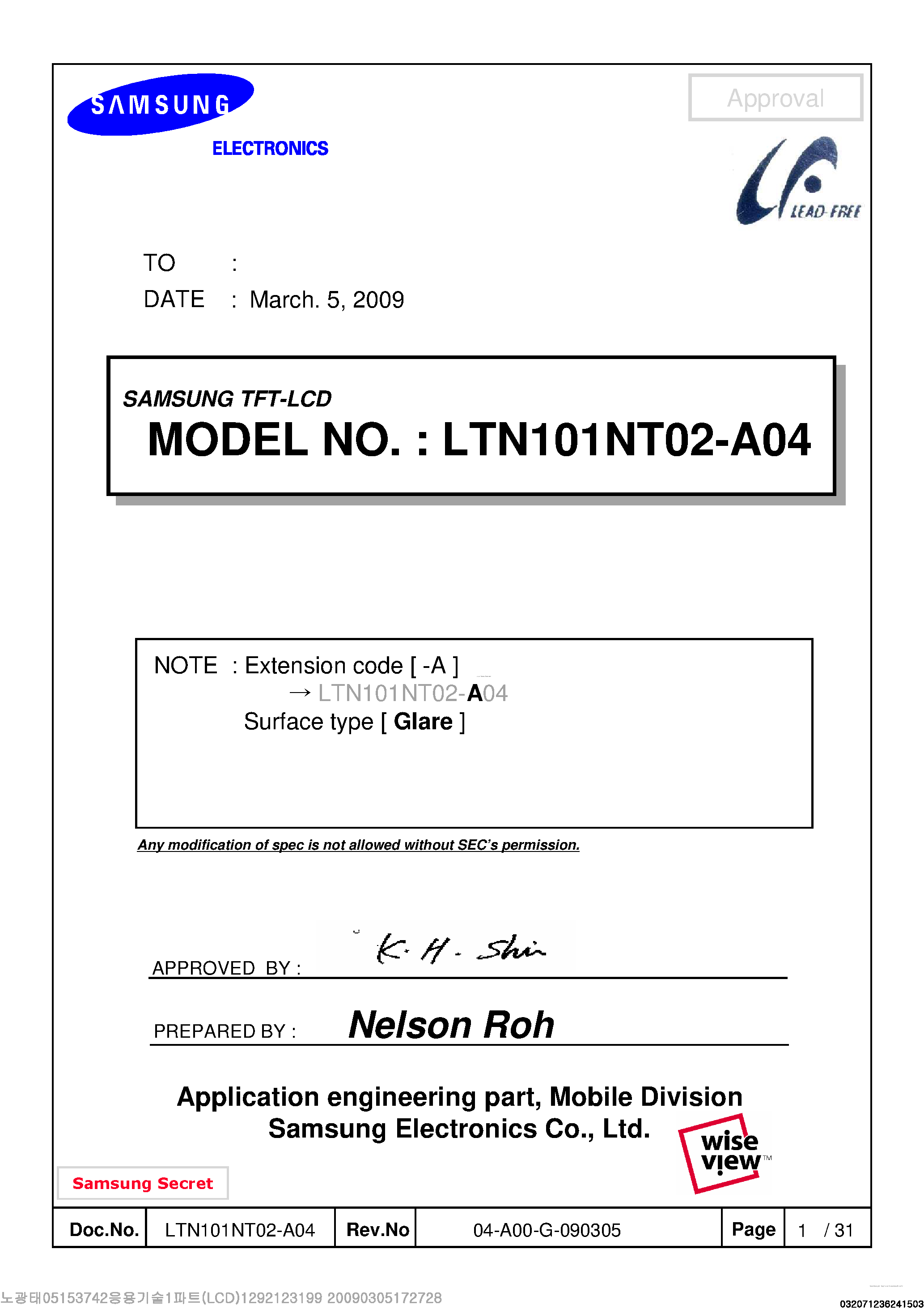 Datasheet LTN101NT02-A04 - TFT LCD page 1