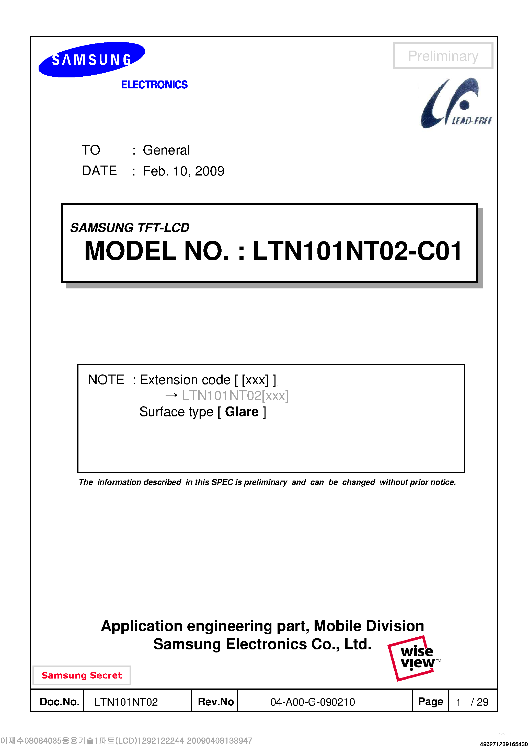 Datasheet LTN101NT02-C01 - Display Module page 1