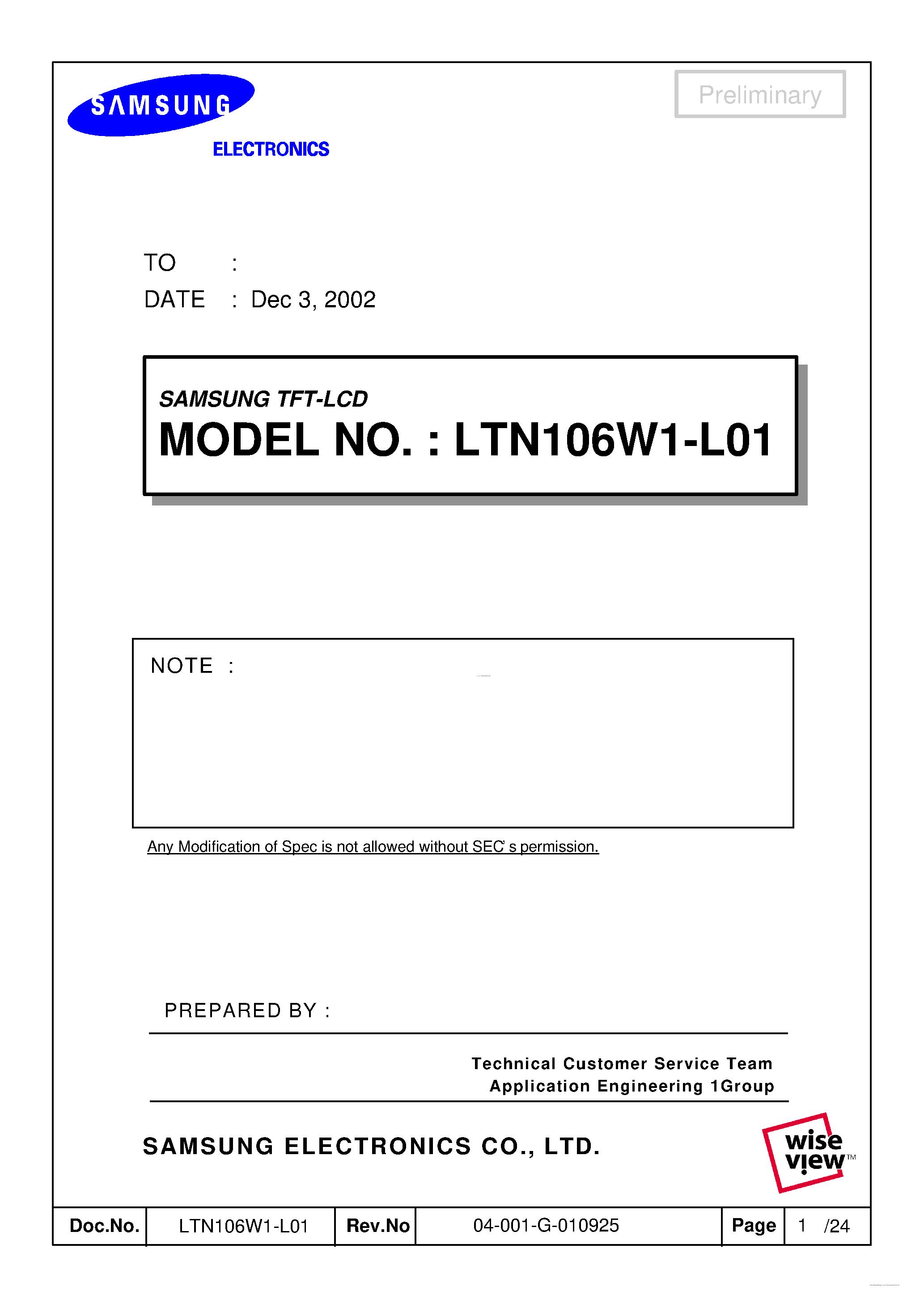 Datasheet LTN106W1-L01 - Display Module page 1