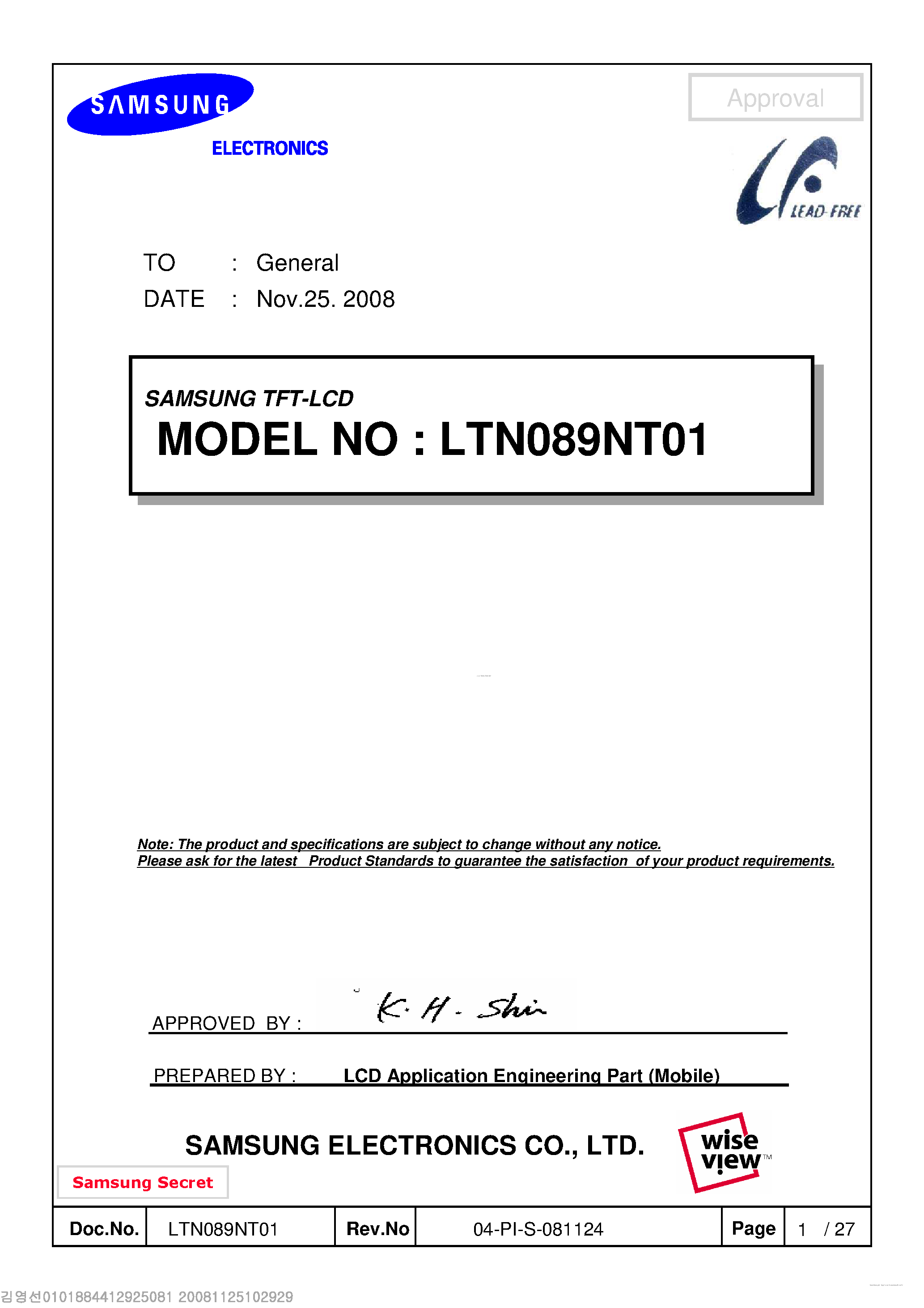 Datasheet LTN089NT01 - Display Module page 1