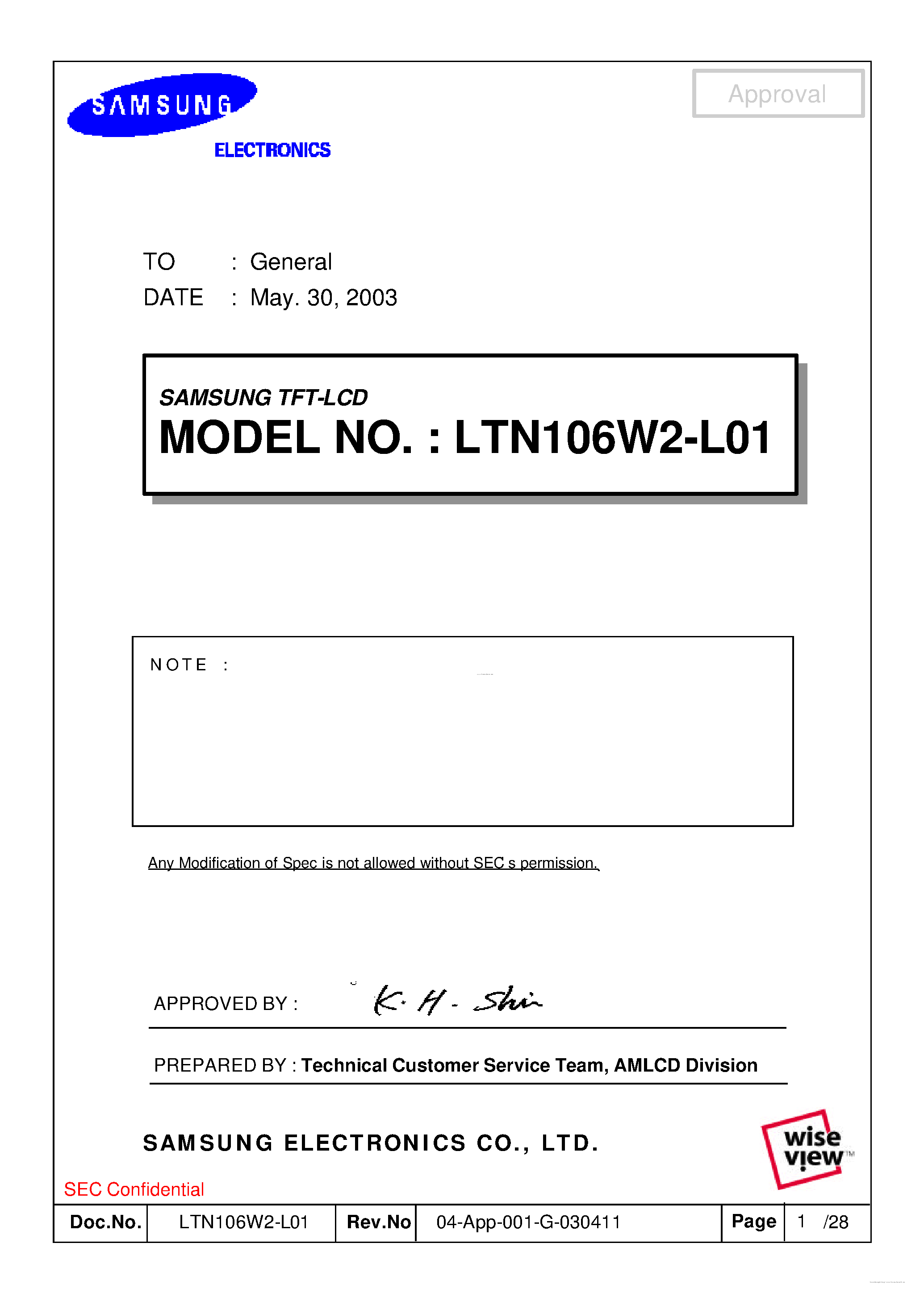 Datasheet LTN106W2-L01 - Display Module page 1