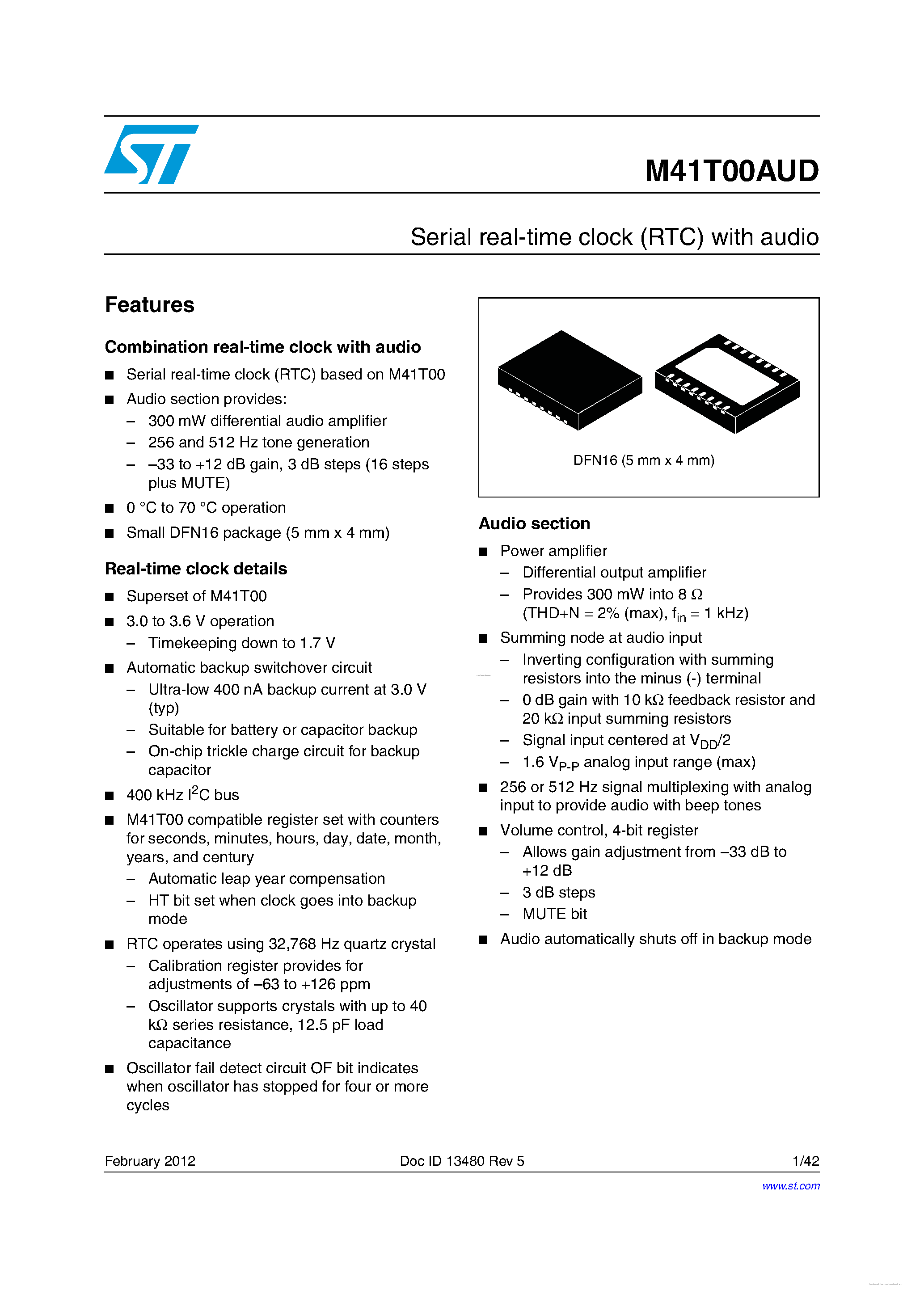 Datasheet M41T00AUD - Serial real-time clock page 1