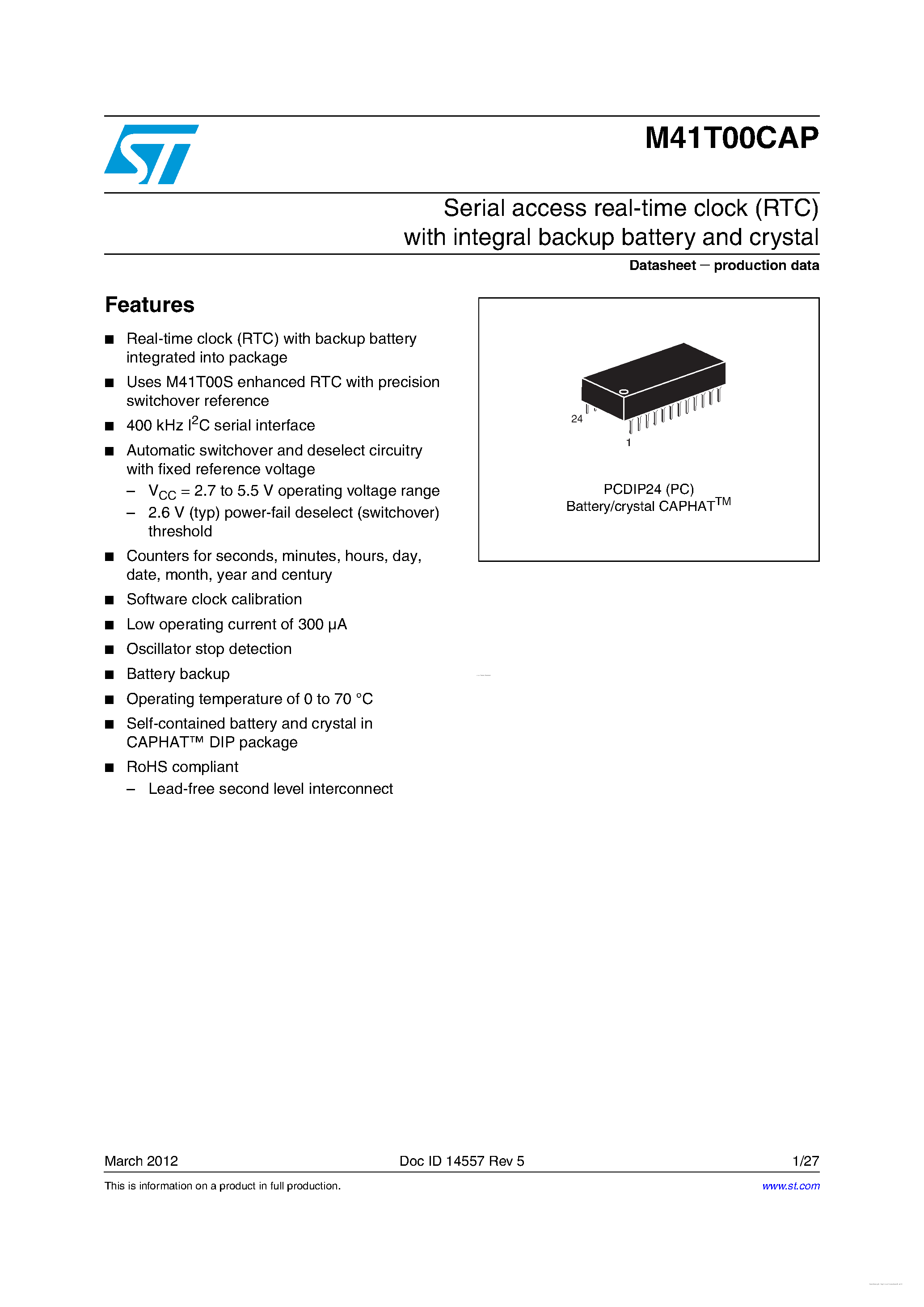 Datasheet M41T00CAP - Serial access real-time clock page 1