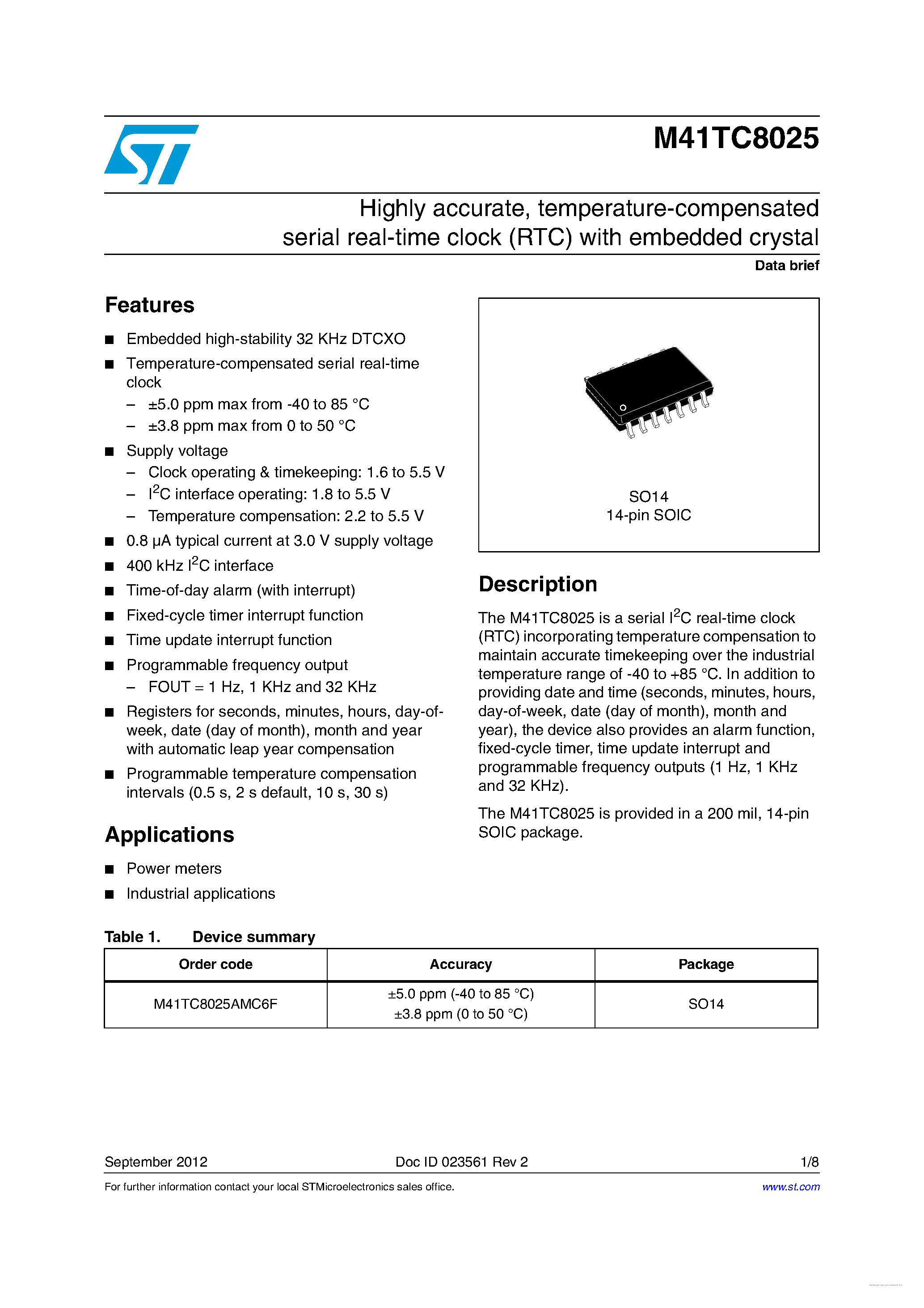 Datasheet M41TC8025 - temperature-compensated serial real-time clock page 1