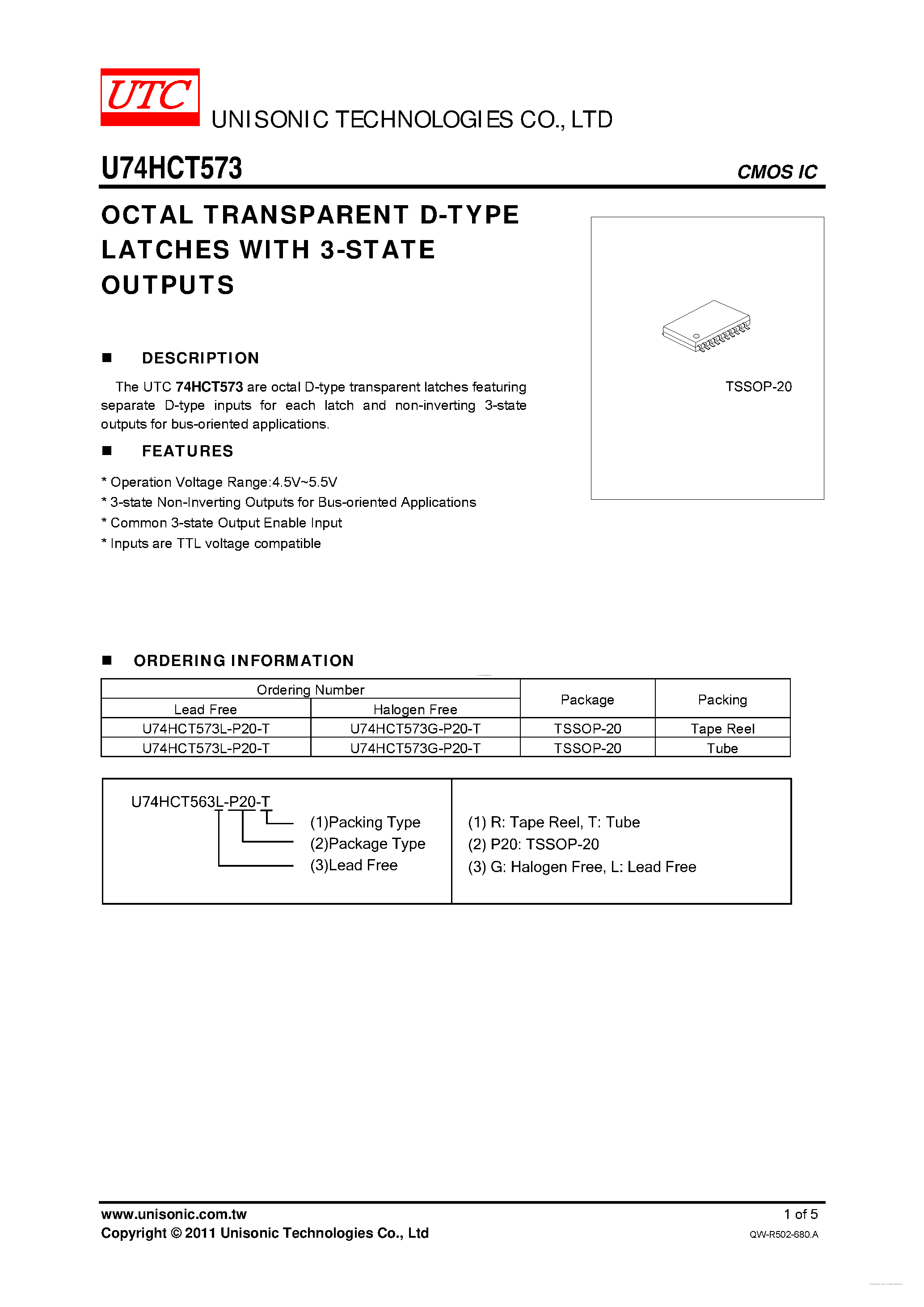 Datasheet U74HCT573 - OCTAL TRANSPARENT D-TYPE LATCHES page 1