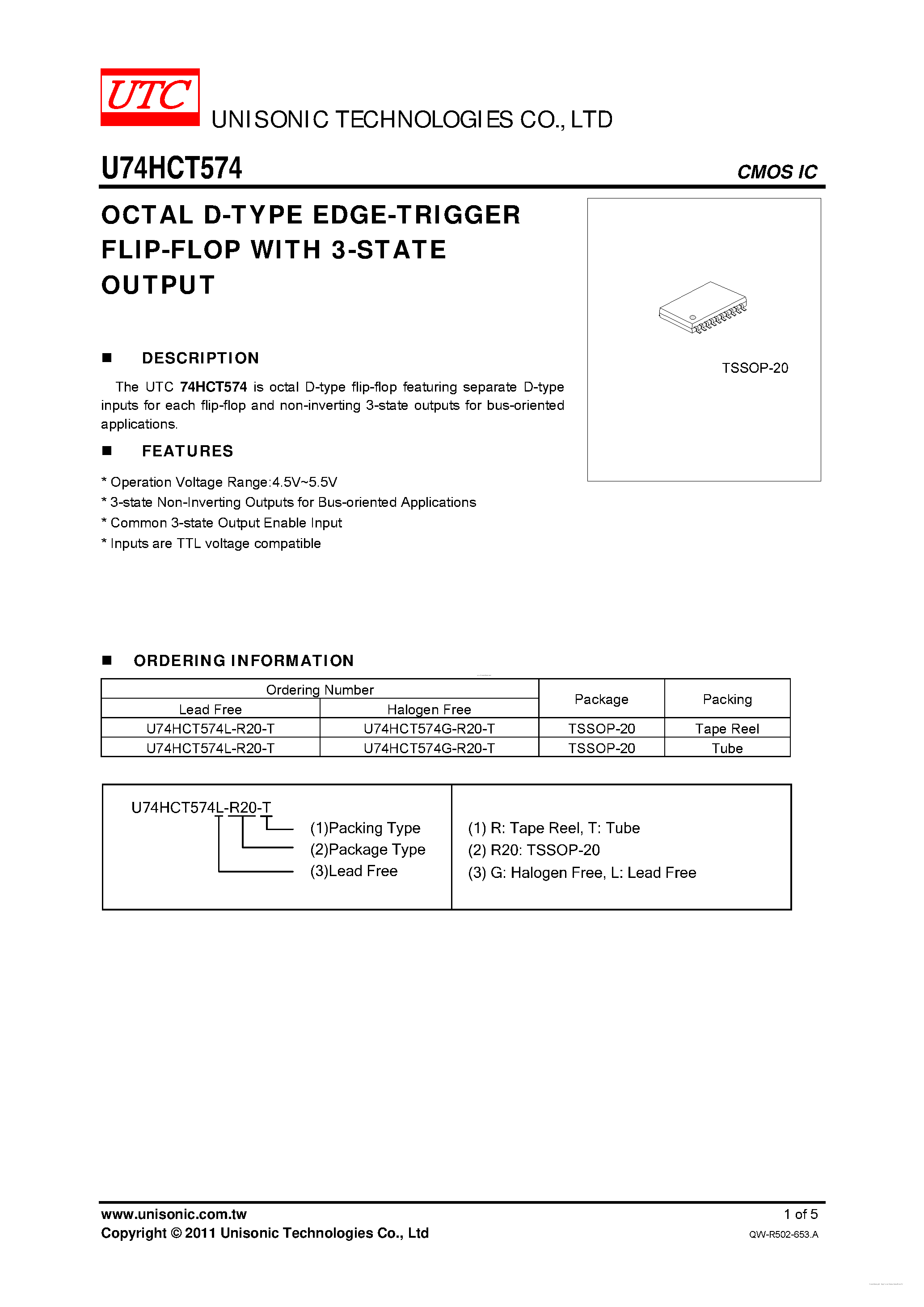 Datasheet U74HCT574 - OCTAL D-TYPE EDGE-TRIGGER FLIP-FLOP page 1