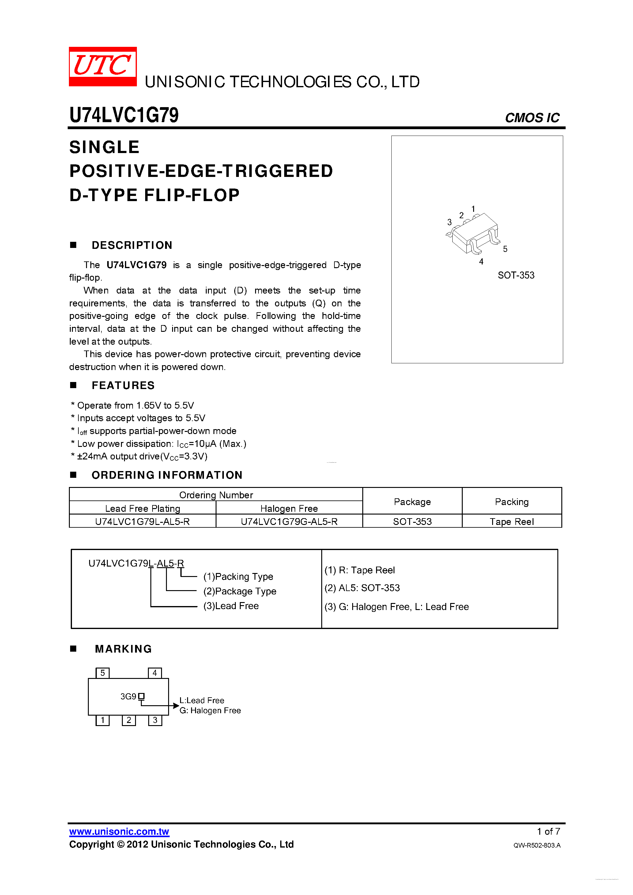Datasheet U74LVC1G79 - SINGLE POSITIVE-EDGE-TRIGGERED D-TYPE FLIP-FLOP page 1