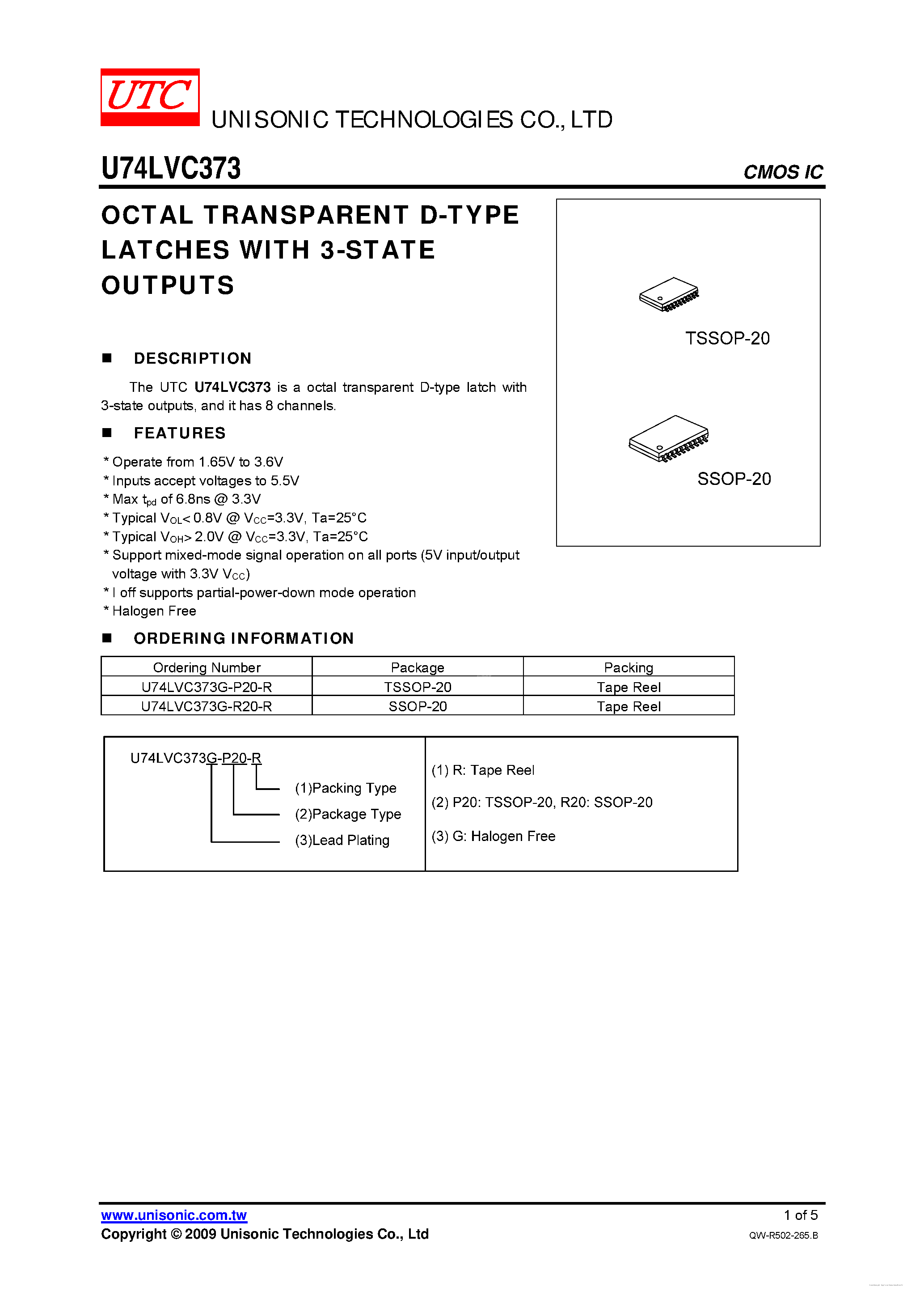 Datasheet U74LVC373 - OCTAL TRANSPARENT D-TYPE LATCHES page 1