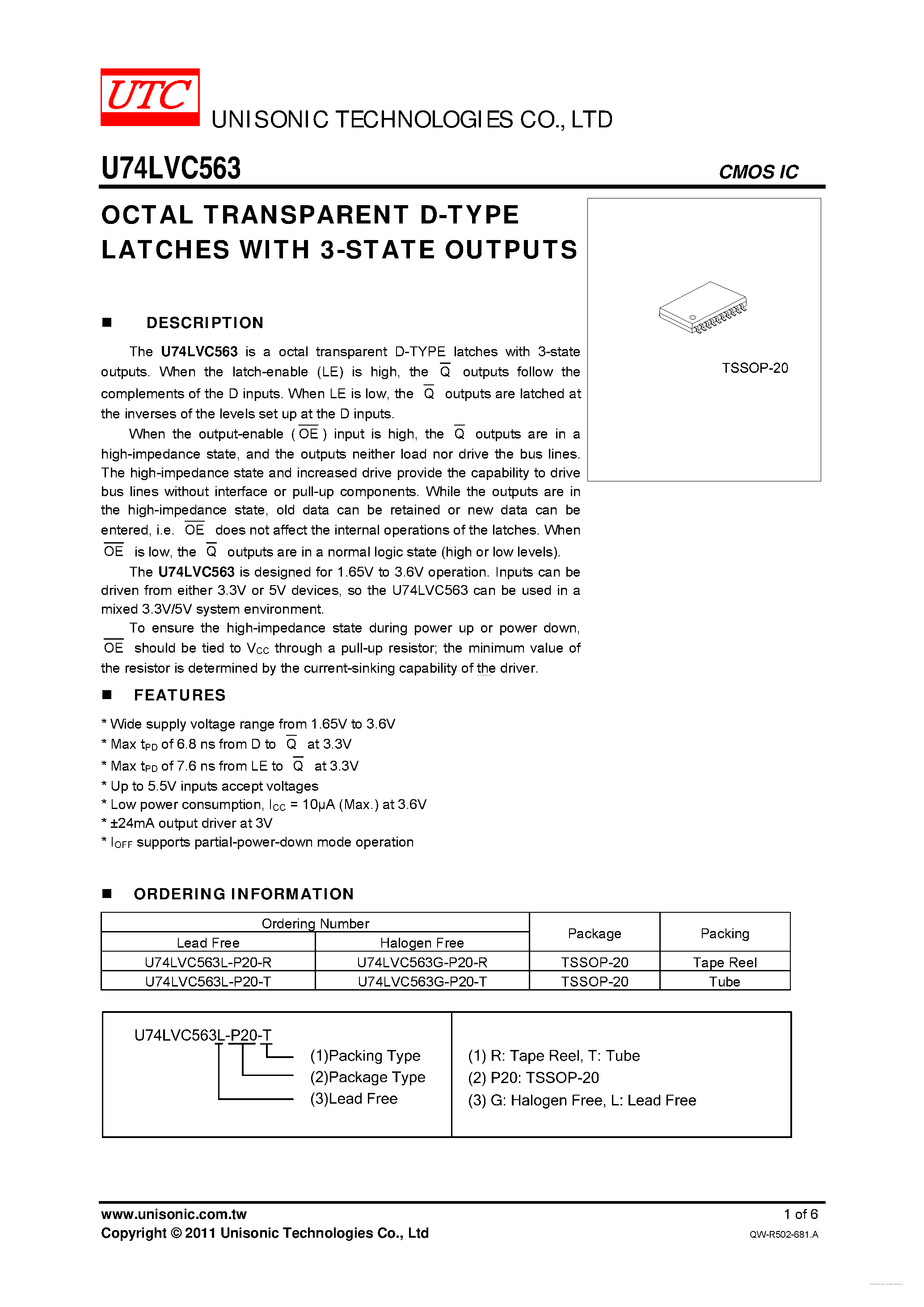 Datasheet U74LVC563 - OCTAL TRANSPARENT D-TYPE LATCHES page 1