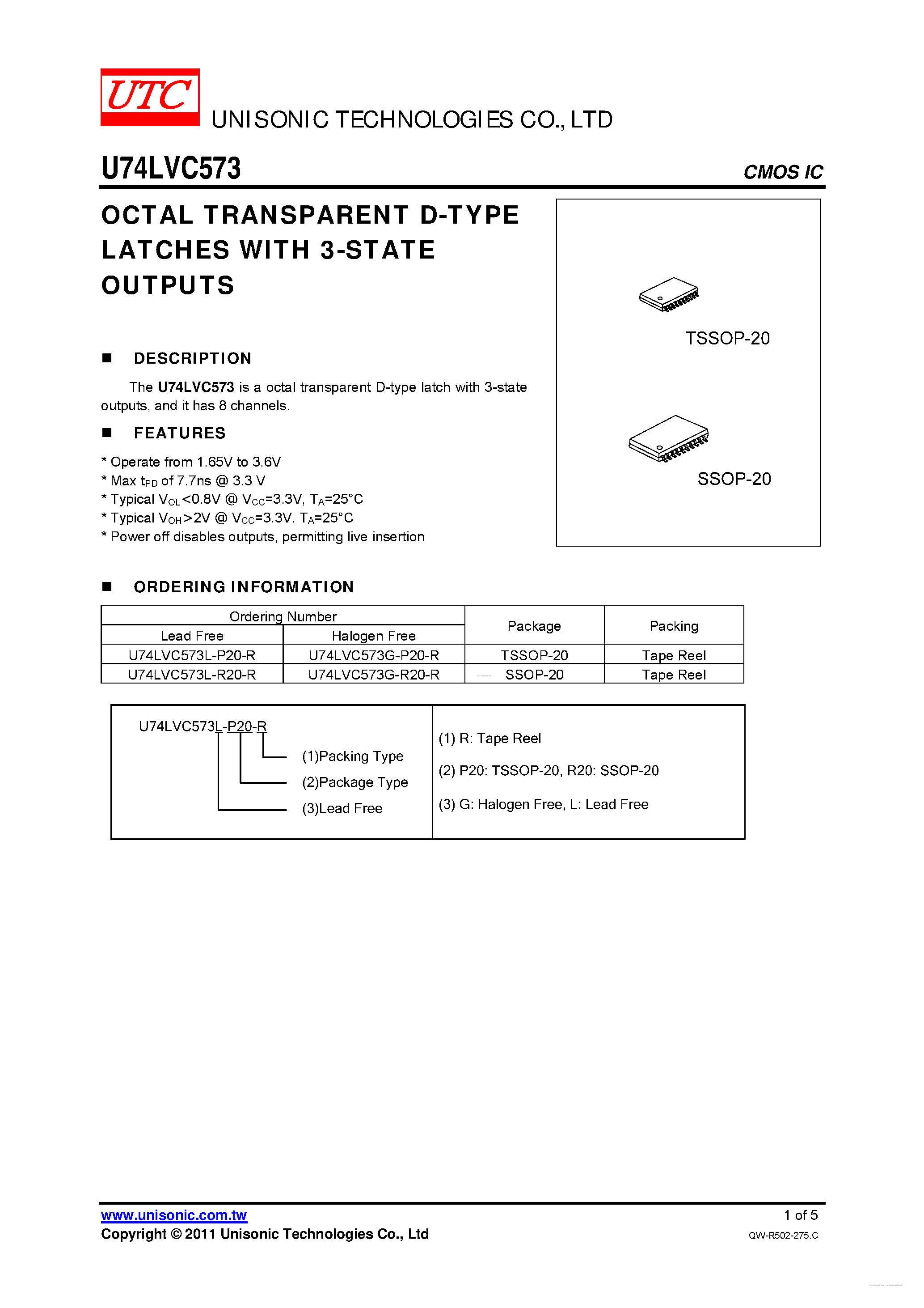 Datasheet U74LVC573 - OCTAL TRANSPARENT D-TYPE LATCHES page 1