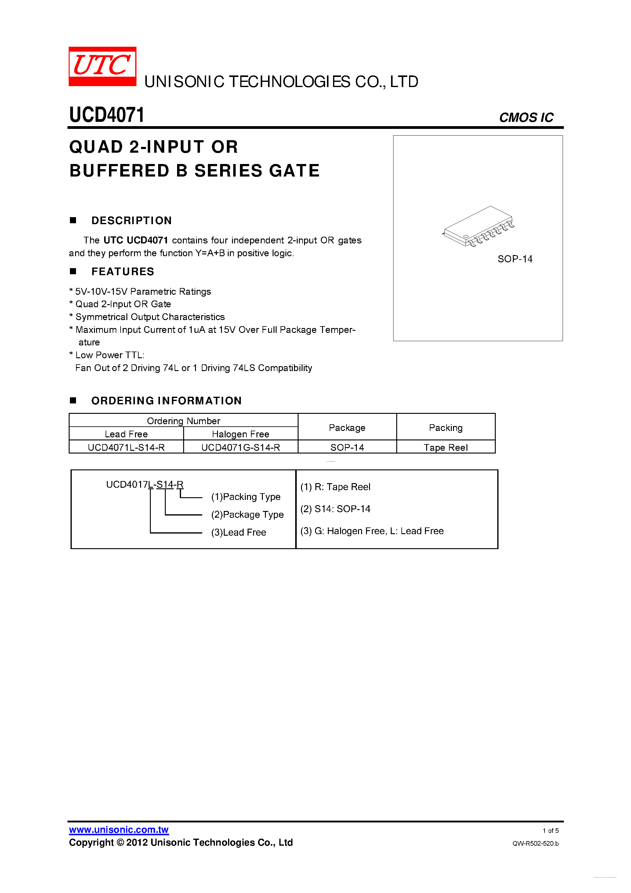 Datasheet UCD4071 - QUAD 2-INPUT OR BUFFERED B SERIES GATE page 1