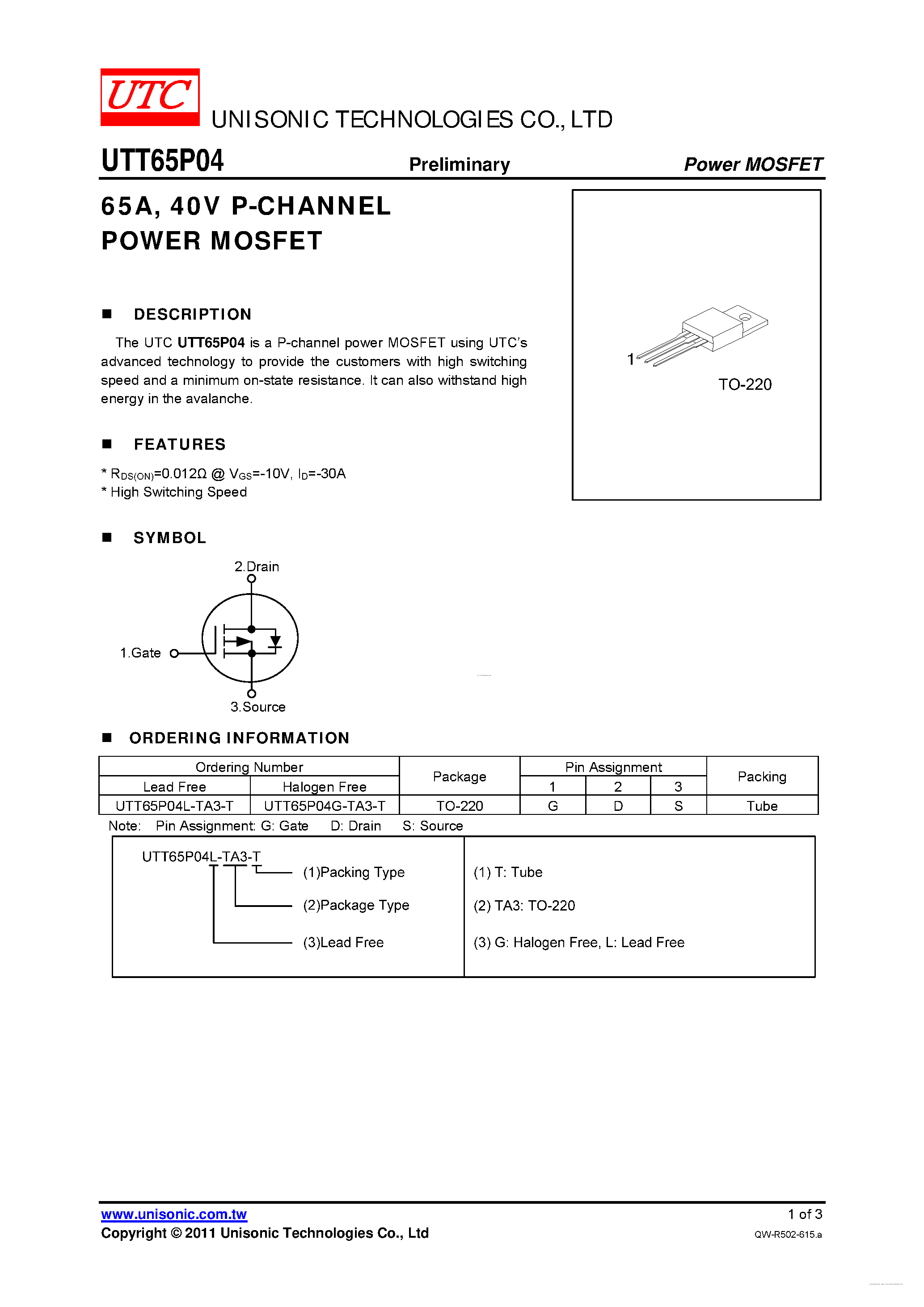 Datasheet UTT65P04 - P-CHANNEL POWER MOSFET page 1