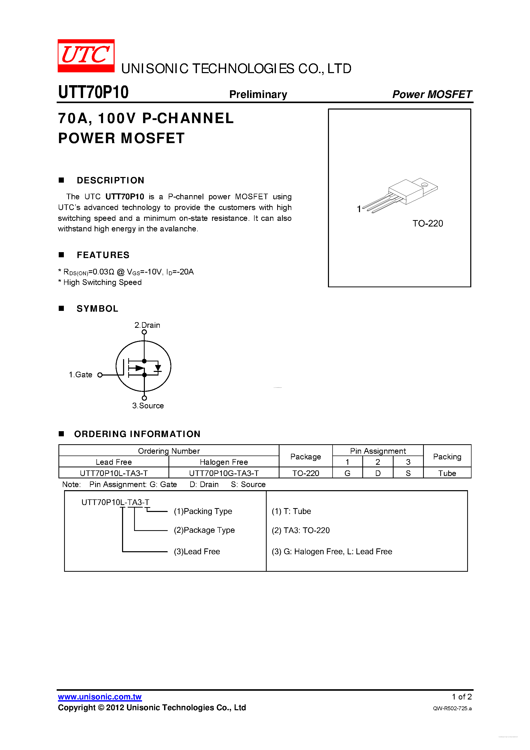 Даташит UTT70P10 - P-CHANNEL POWER MOSFET страница 1