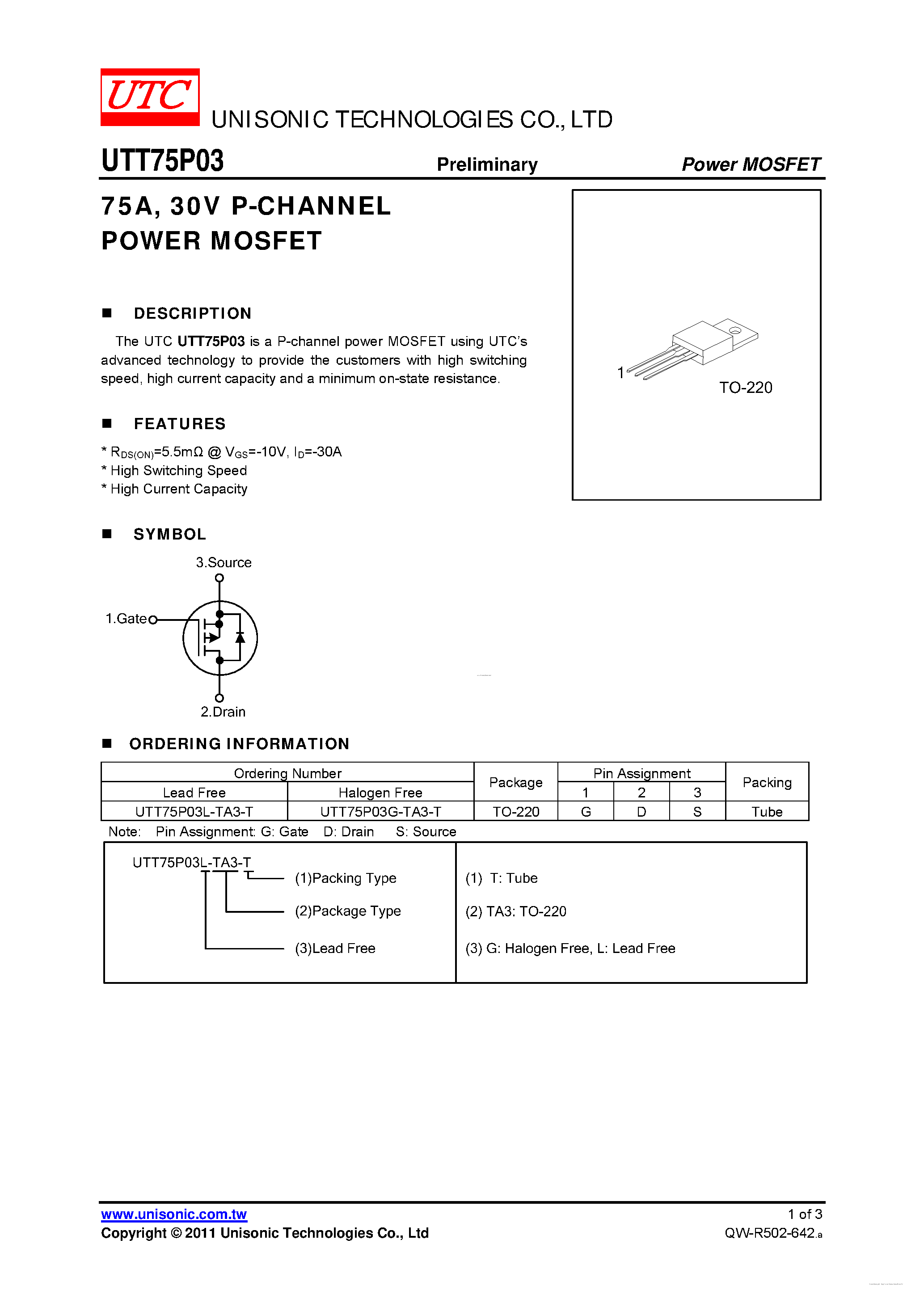 Даташит UTT75P03 - P-CHANNEL POWER MOSFET страница 1