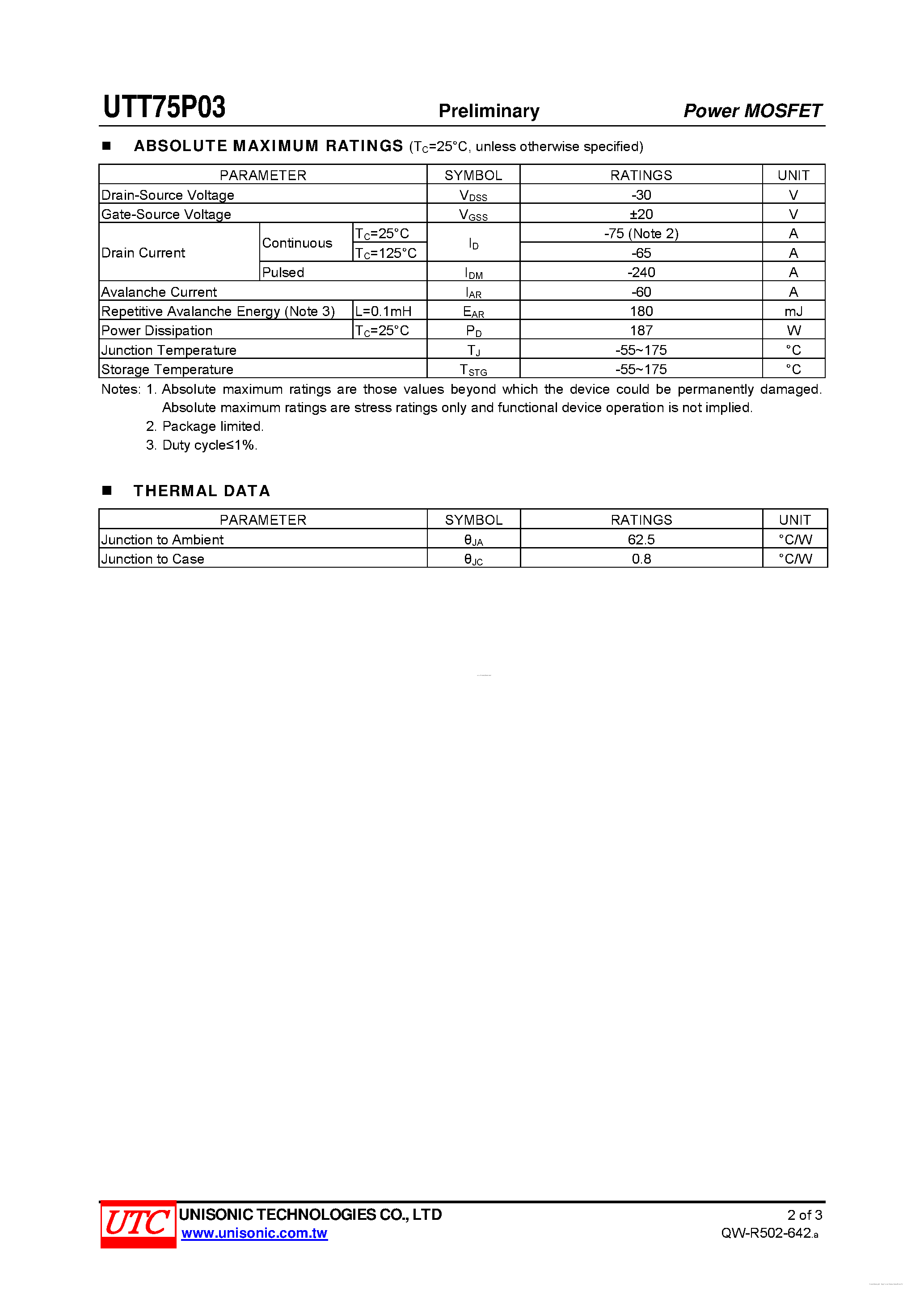 Datasheet UTT75P03 - P-CHANNEL POWER MOSFET page 2