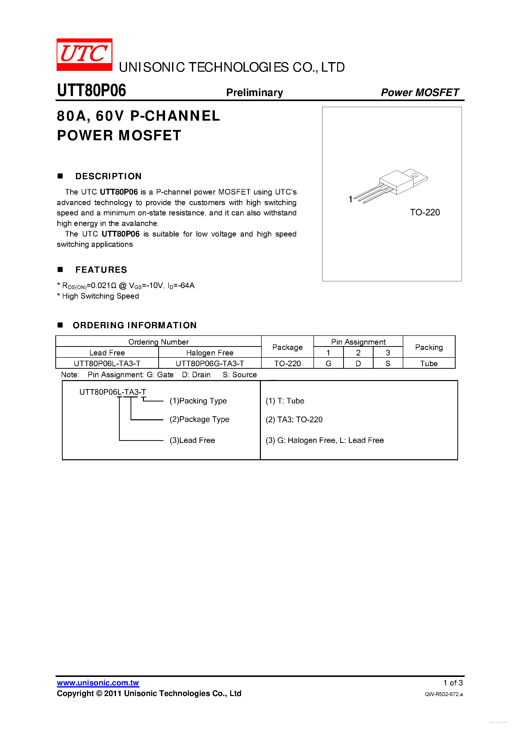 Даташит UTT80P06 - P-CHANNEL POWER MOSFET страница 1