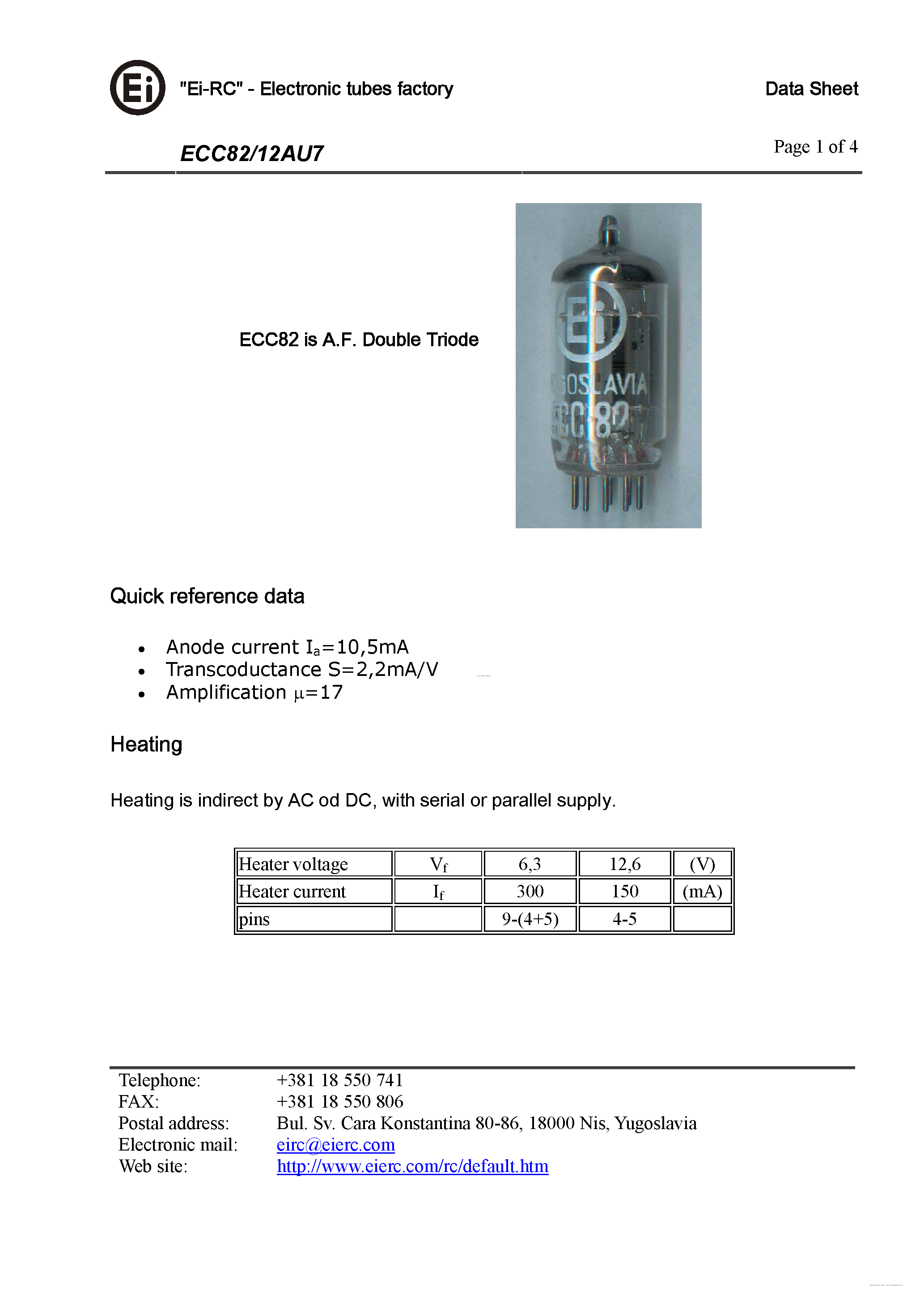 Datasheet ECC82 - A.F. Double Triode page 1