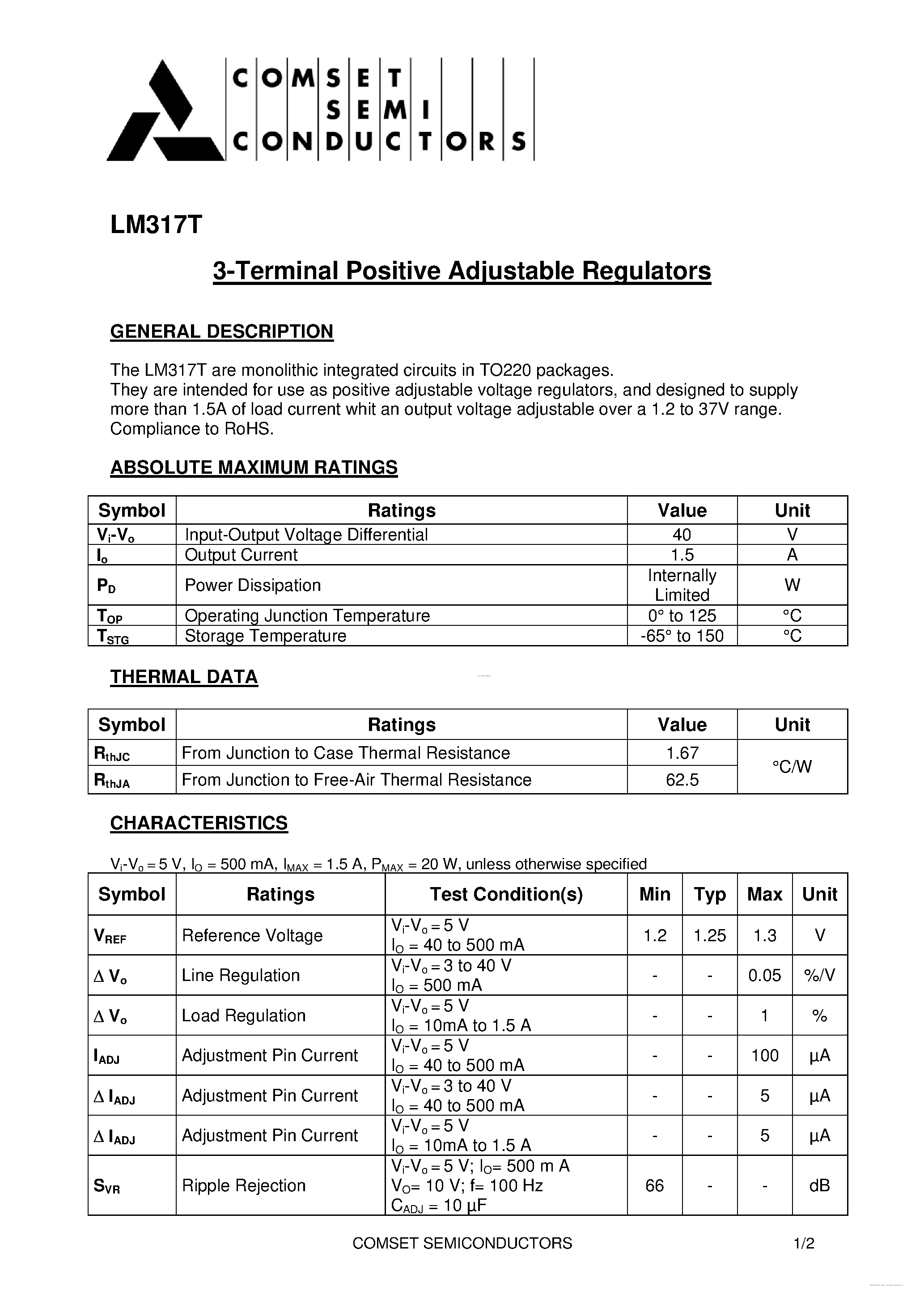 Даташит LM317T - 3-Terminal POSITIVE ADJUSTABLE VOLTAGE REGULATOR страница 1