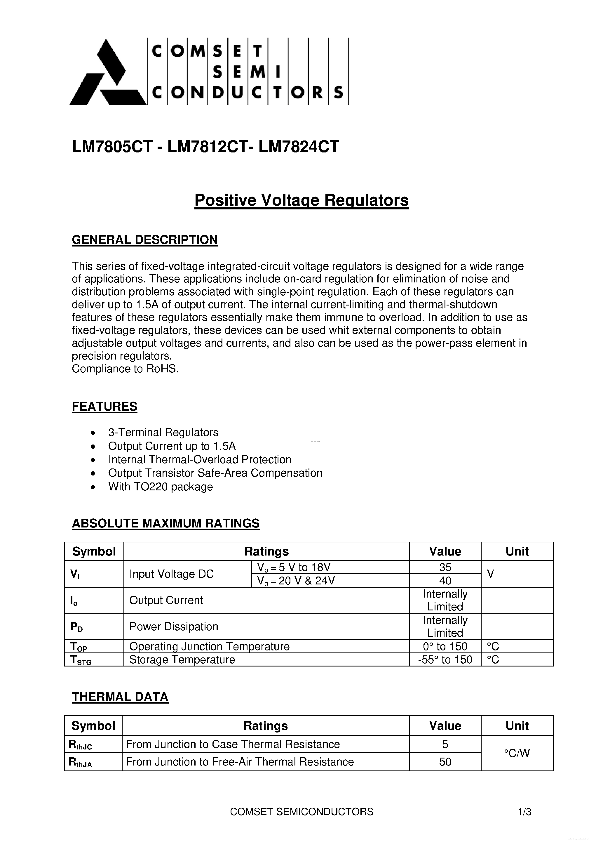 Даташит LM7805CT - (LM7805CT - LM7824CT) Positive Voltage Regulator страница 1