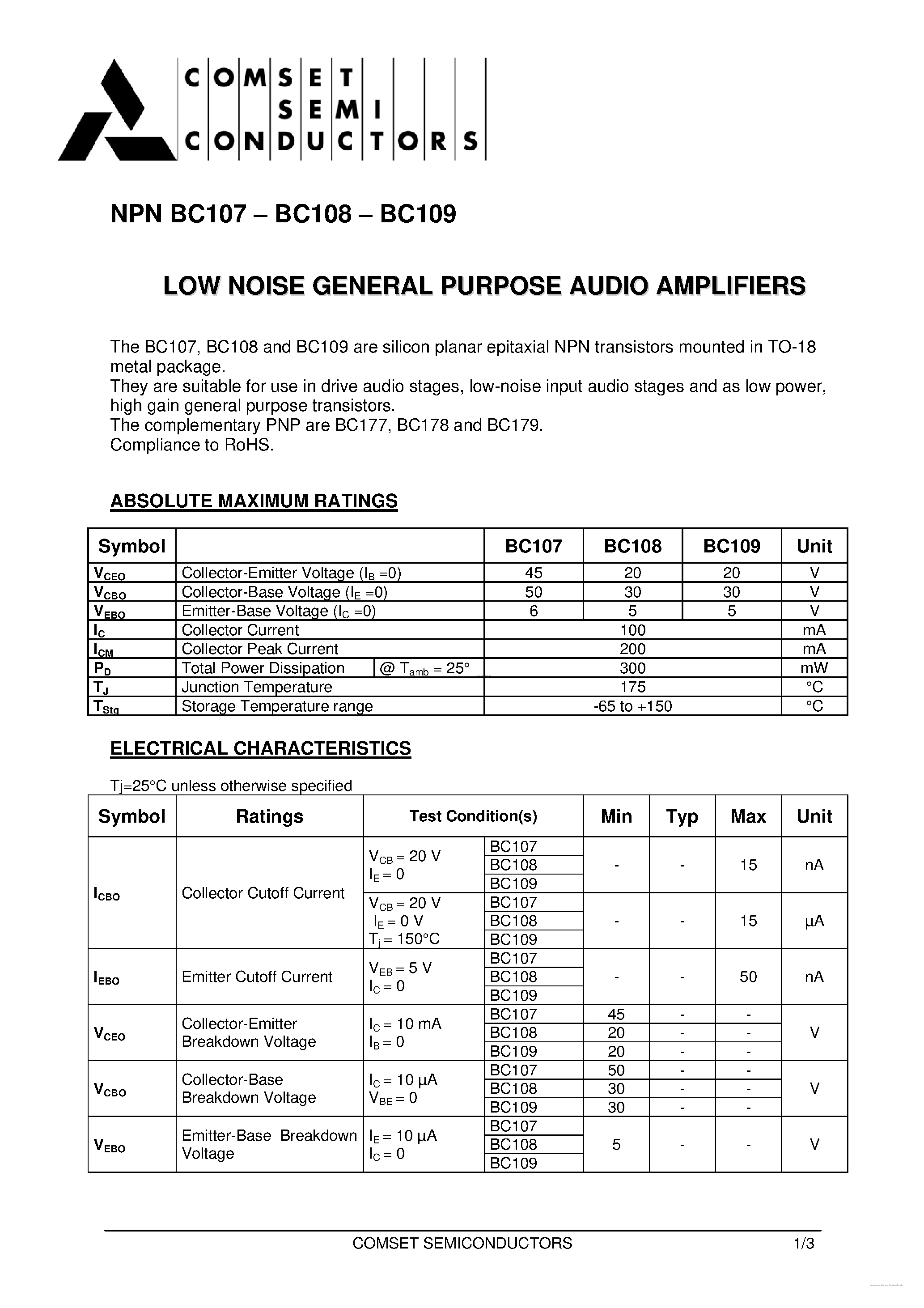 Datasheet BC107 - (BC107 - BC109) Low noise general purpose audio amplifiers page 1