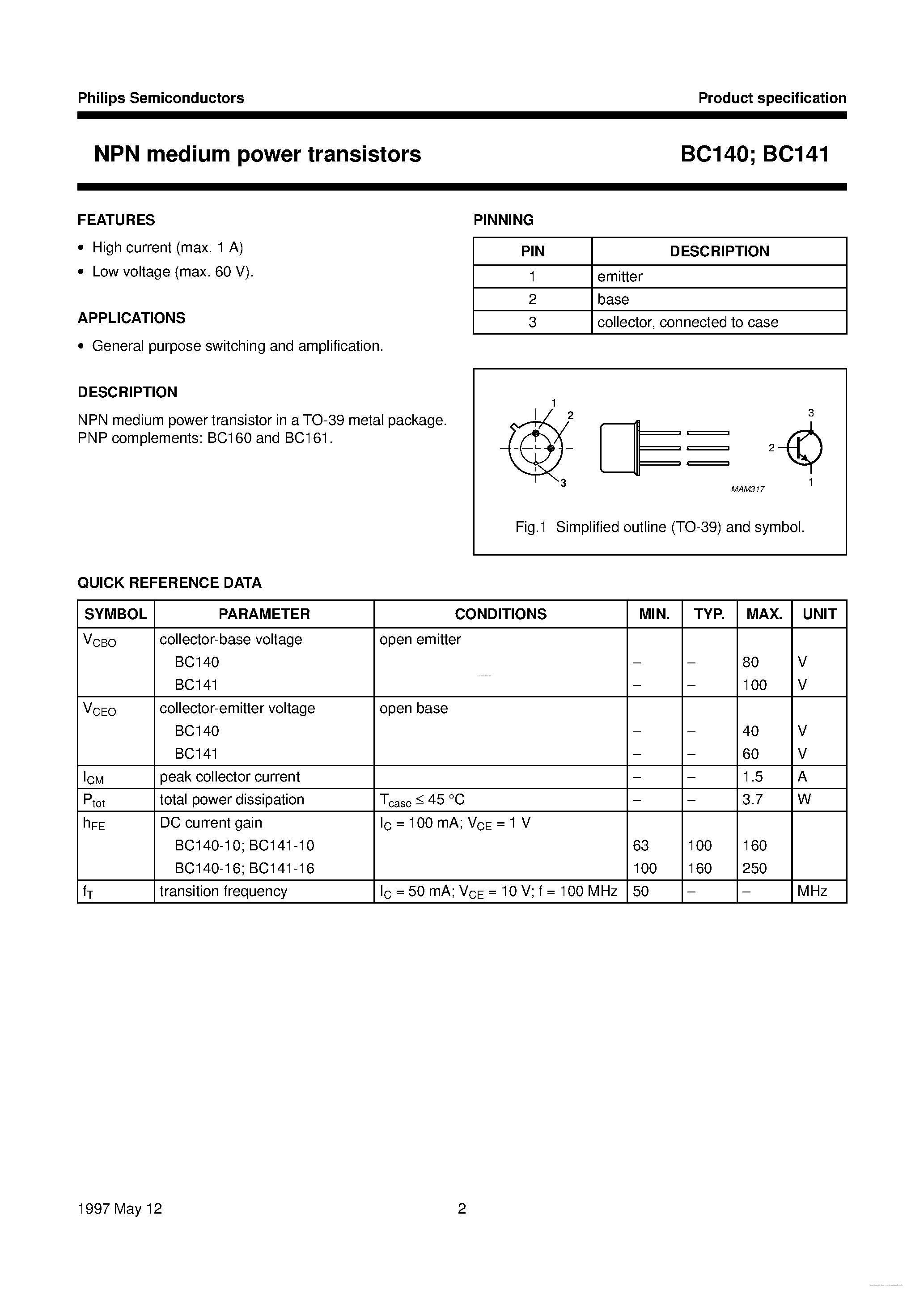 Datasheet BC140 - (BC140 / BC141) NPN medium power transistors page 2