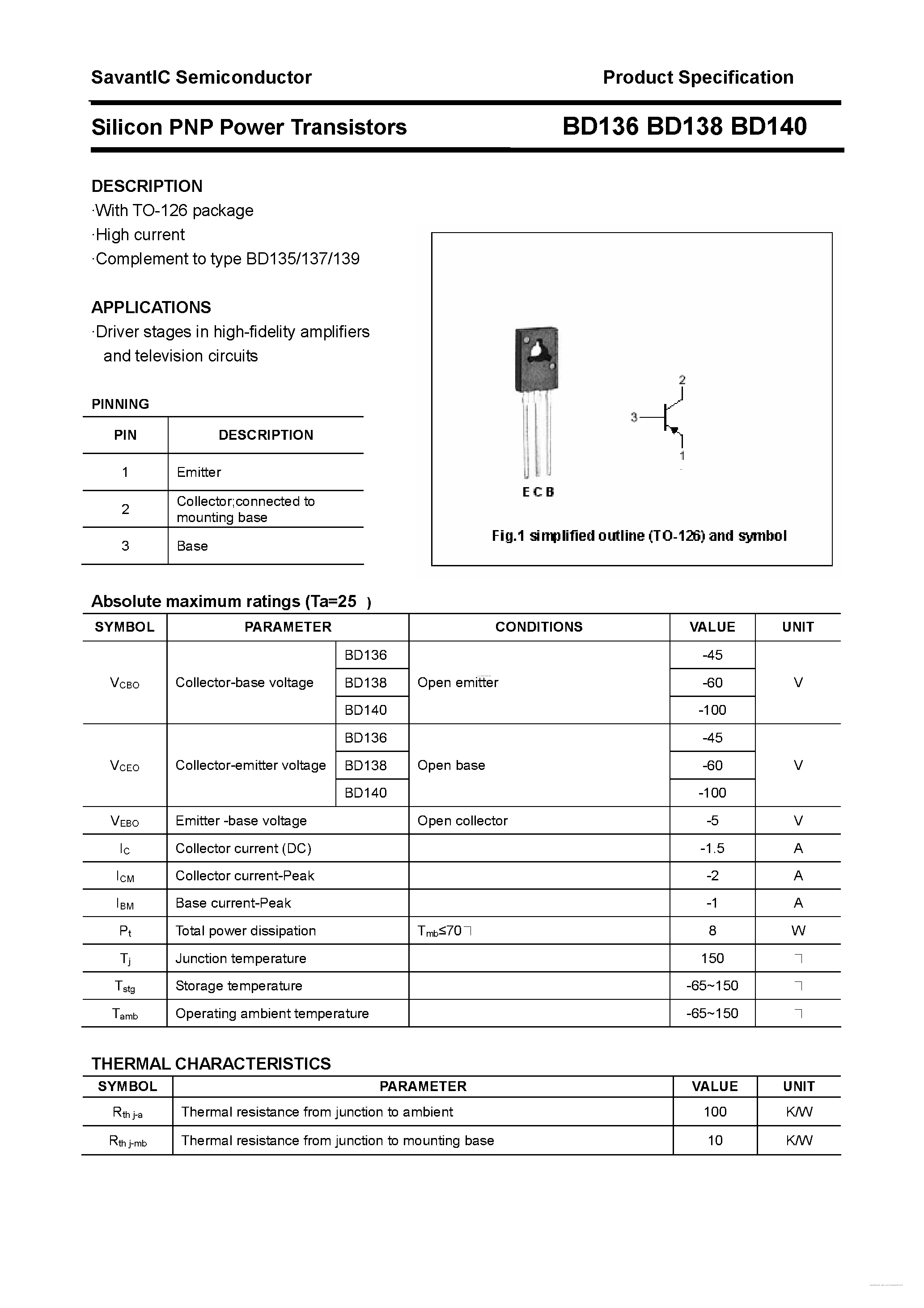 Datasheet BD136 - (BD136 - BD140) Silicon PNP Power Transistors page 1