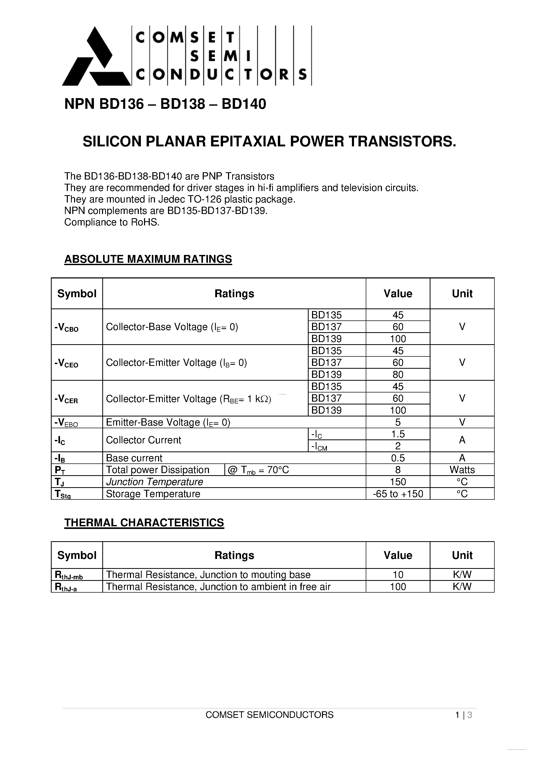 Даташит BD136 - (BD136 - BD140) SILICON PLANAR EPITAXIAL POWER TRANSISTORS страница 1