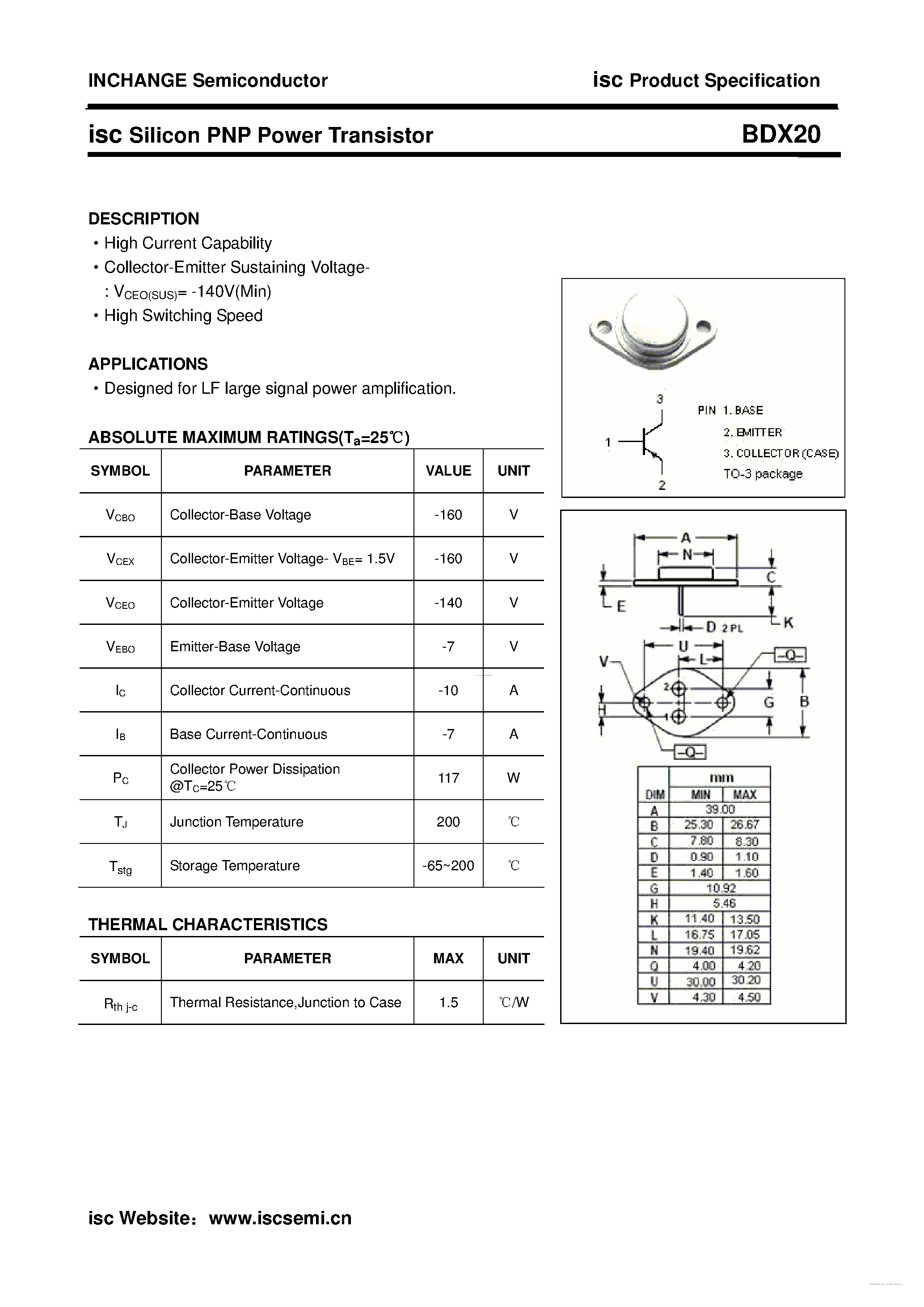 Datasheet BDX20 - Silicon PNP Power Transistor page 1