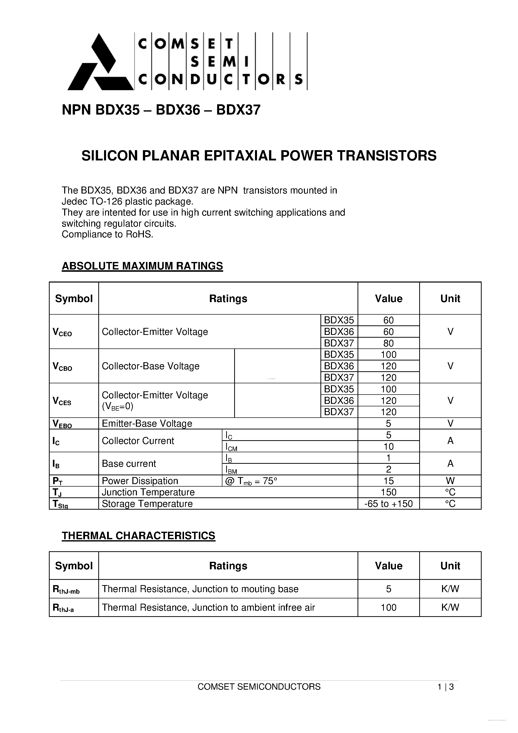 Даташит BDX35 - (BDX35 - BDX37) SILICON PLANAR EPITAXIAL POWER TRANSISTORS страница 1