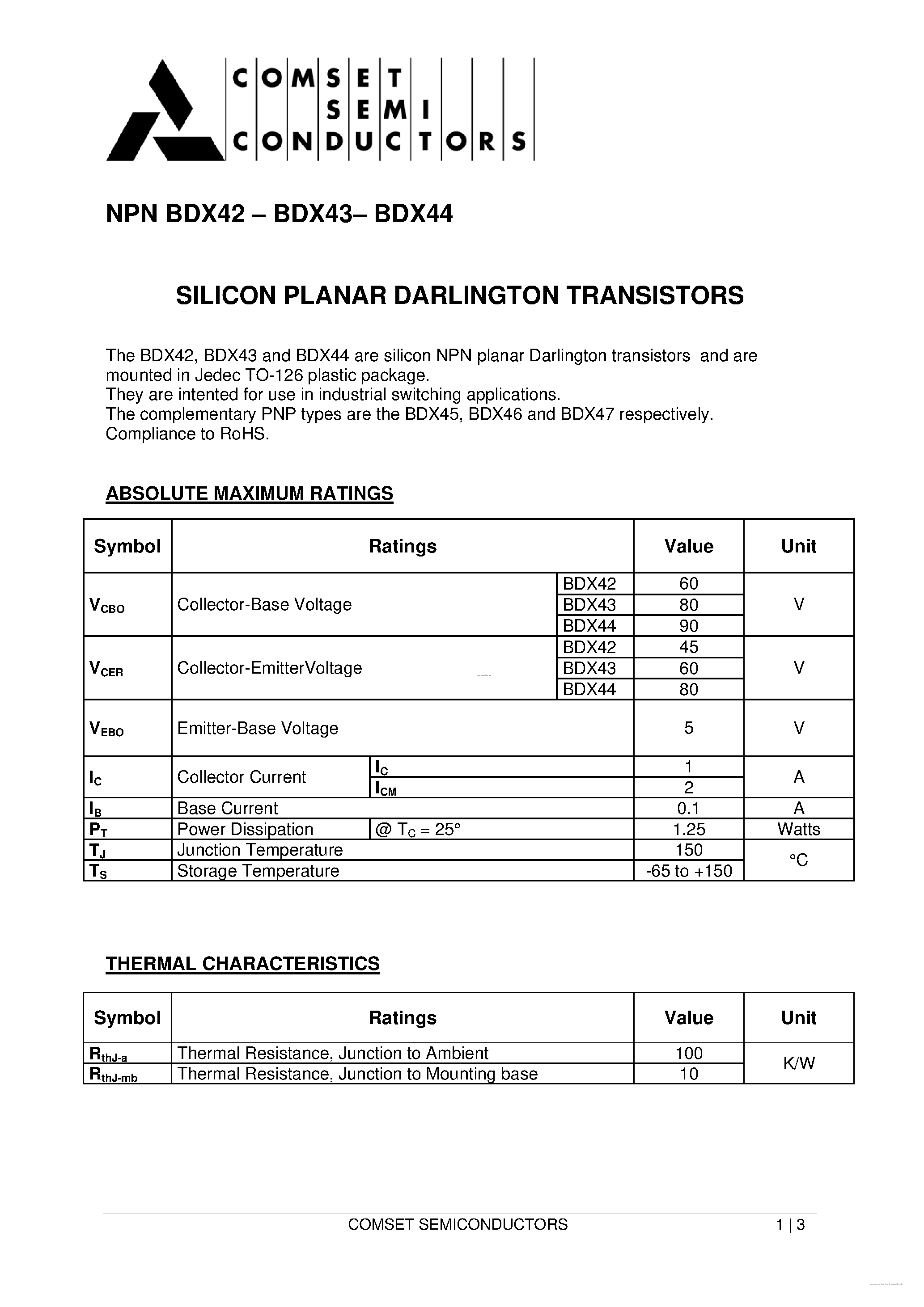 Datasheet BDX42 - (BDX42 - BDX445) SILICON PLANAR DARLINGTON TRANSISTORS page 1