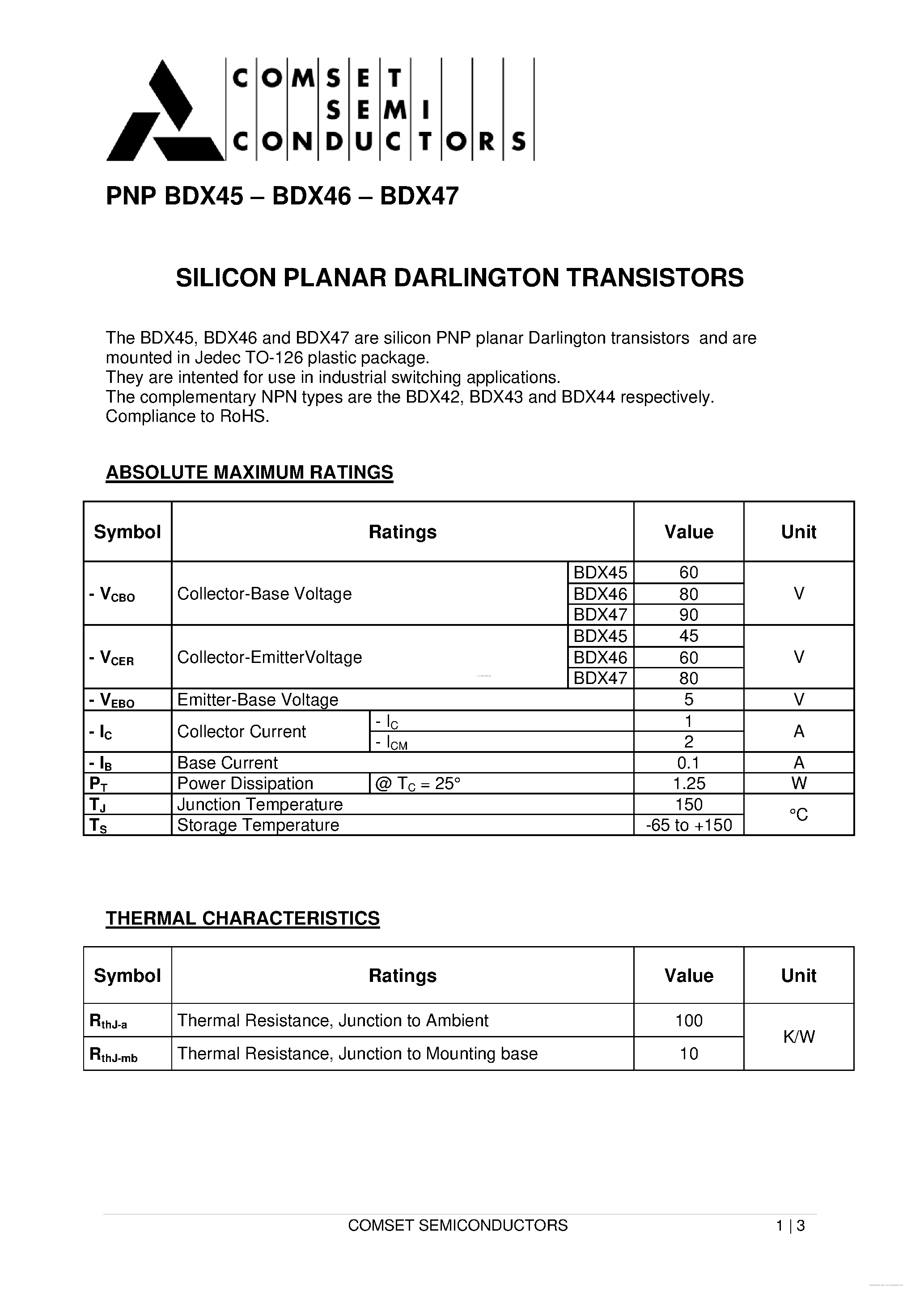 Datasheet BDX45 - (BDX45 - BDX47) SILICON PLANAR DARLINGTON TRANSISTORS page 1
