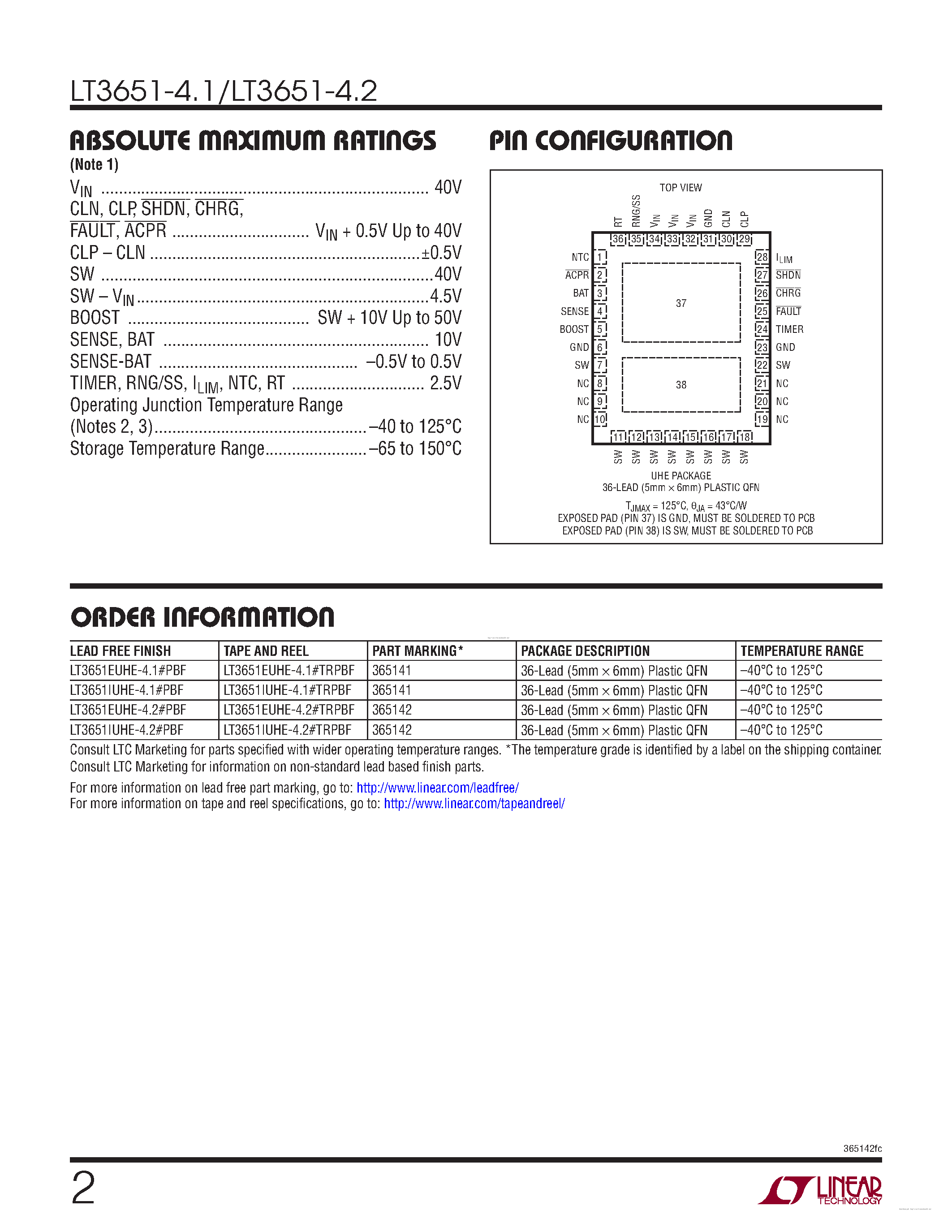 Даташит LT3651-4.1 - (LT3651-4.1 / LT3651-4.2) Monolithic 4A High Voltage Li-Ion Battery Charger страница 2