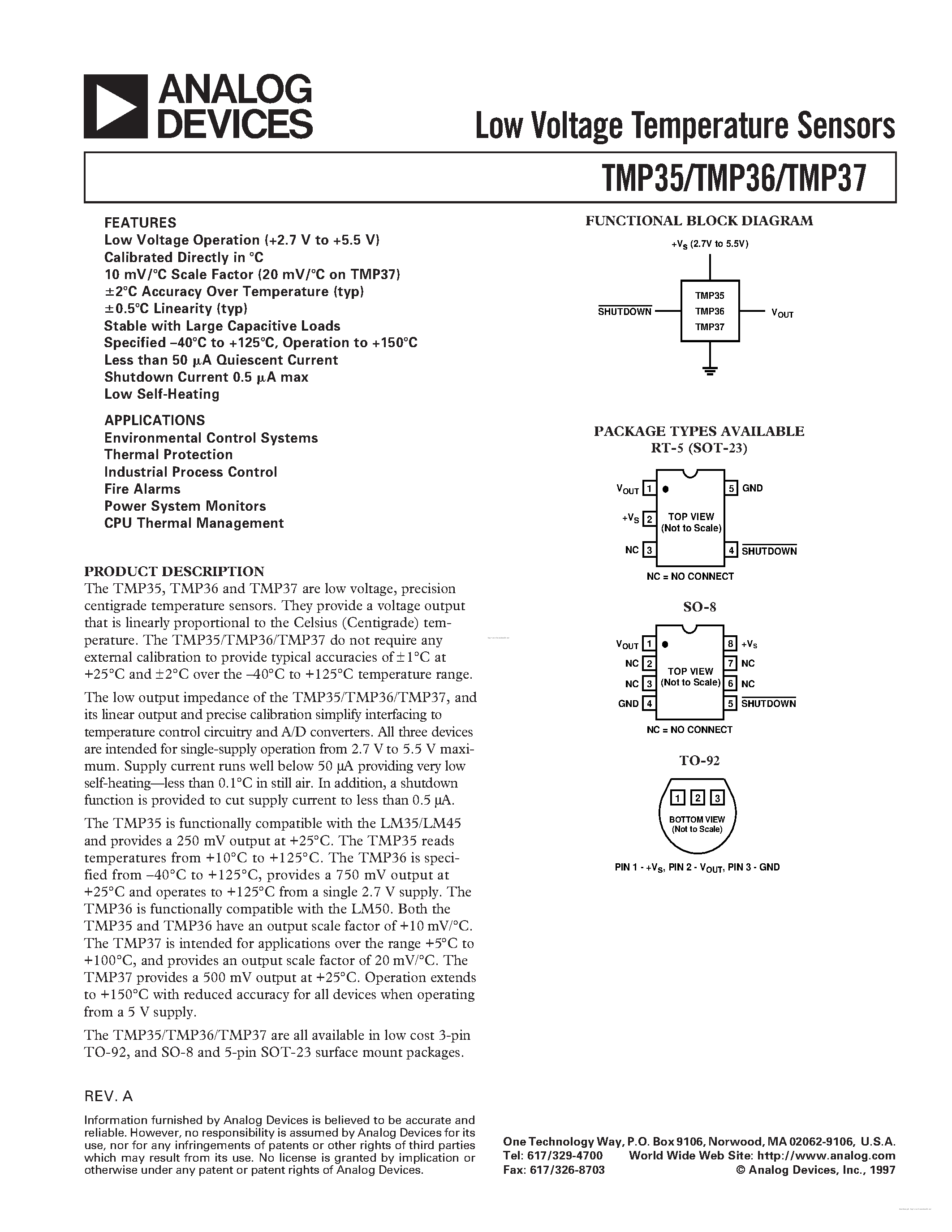 Datasheet TMP35 - (TMP35 - TMP37) Low Voltage Temperature Sensors page 1