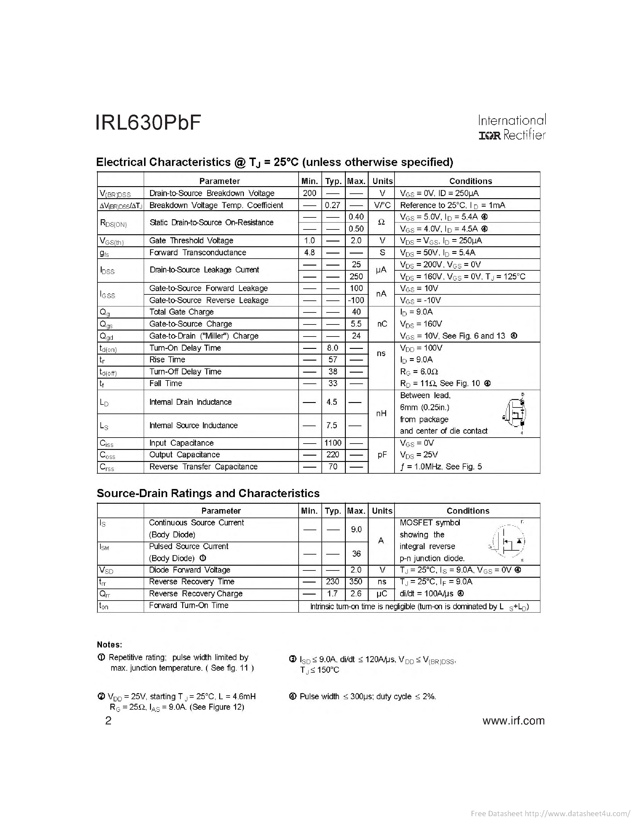 Datasheet IRL630PBF - page 2