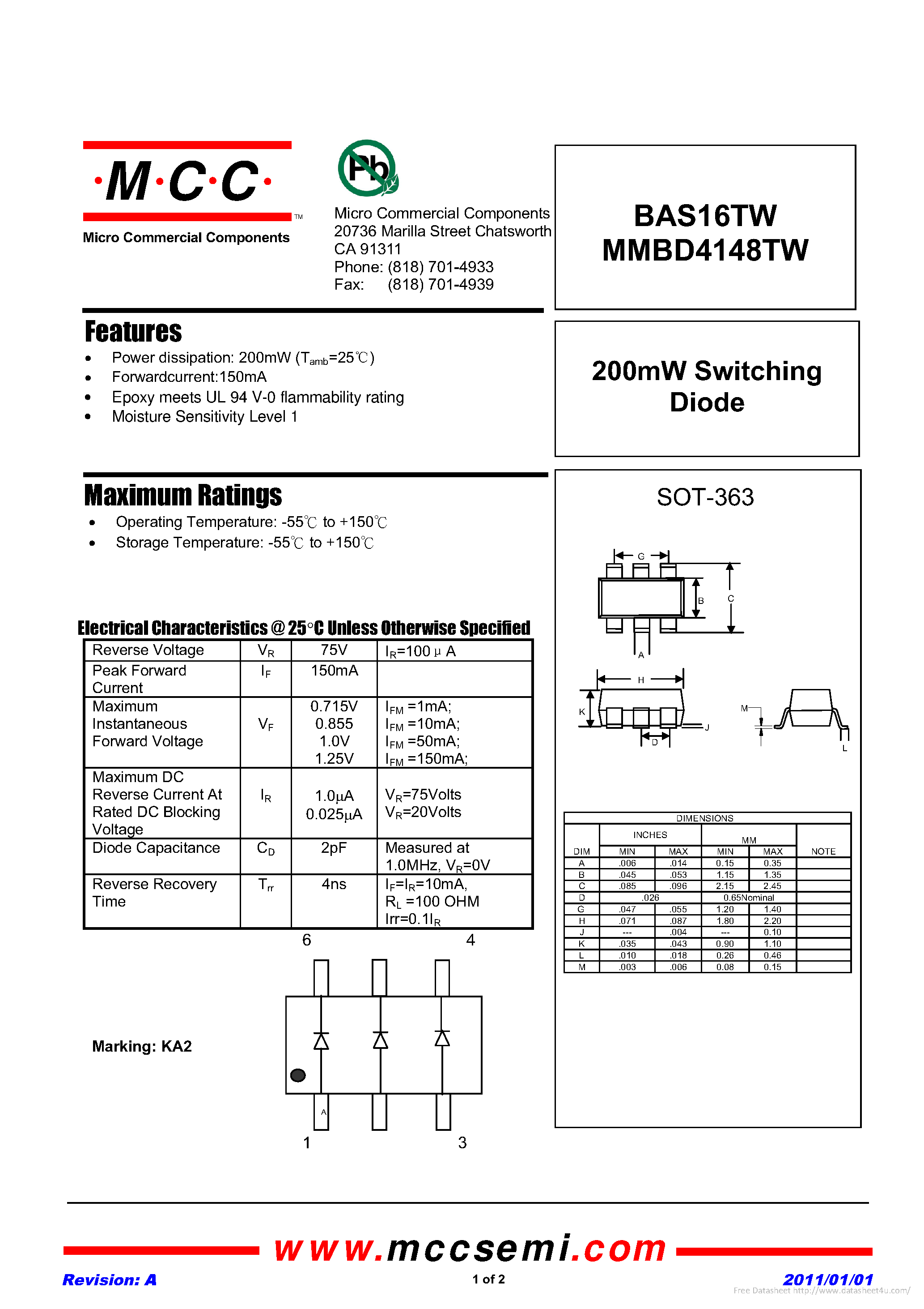Datasheet MMBD4148TW - page 1