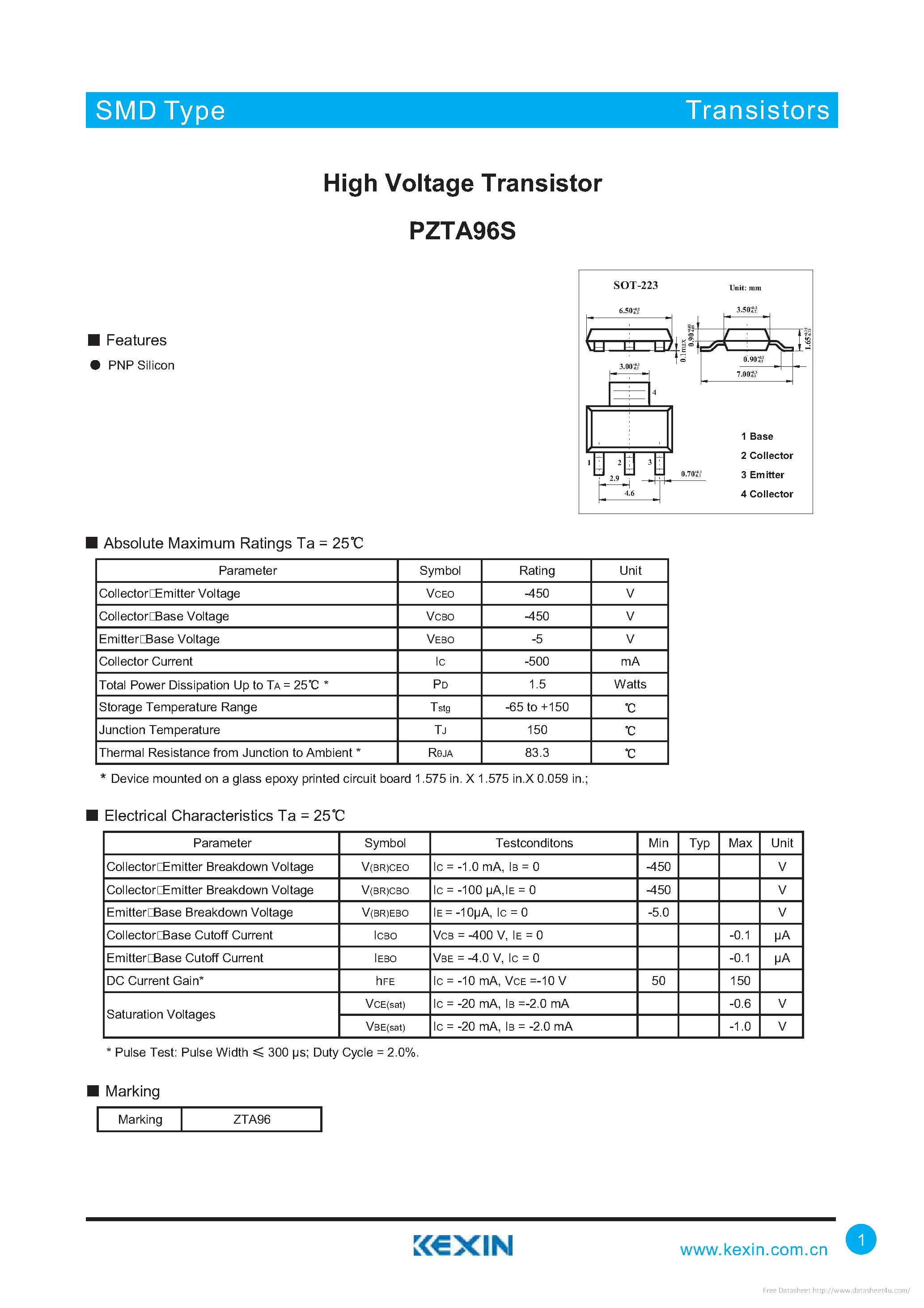 Datasheet PZTA96S - page 1