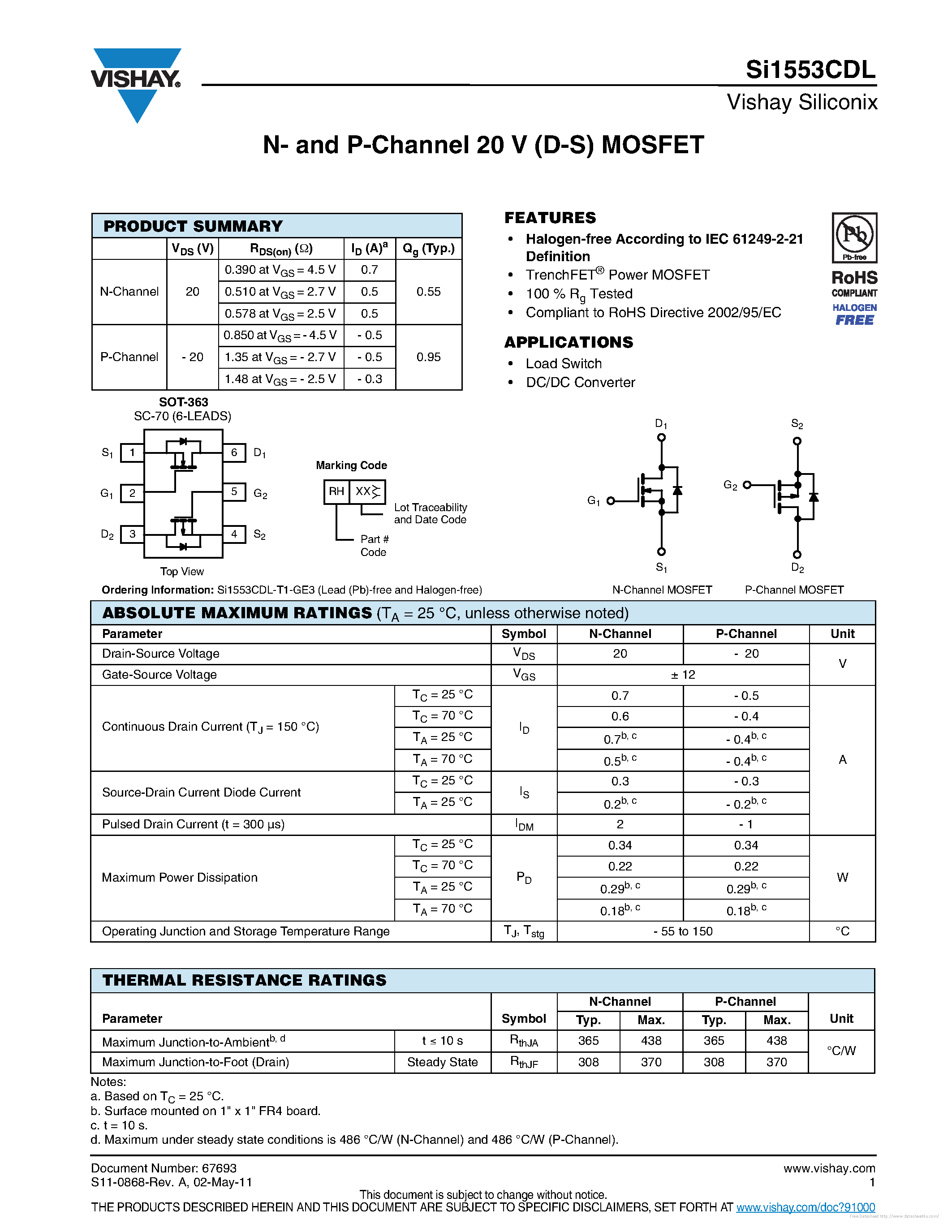 Datasheet SI1553CDL - page 1