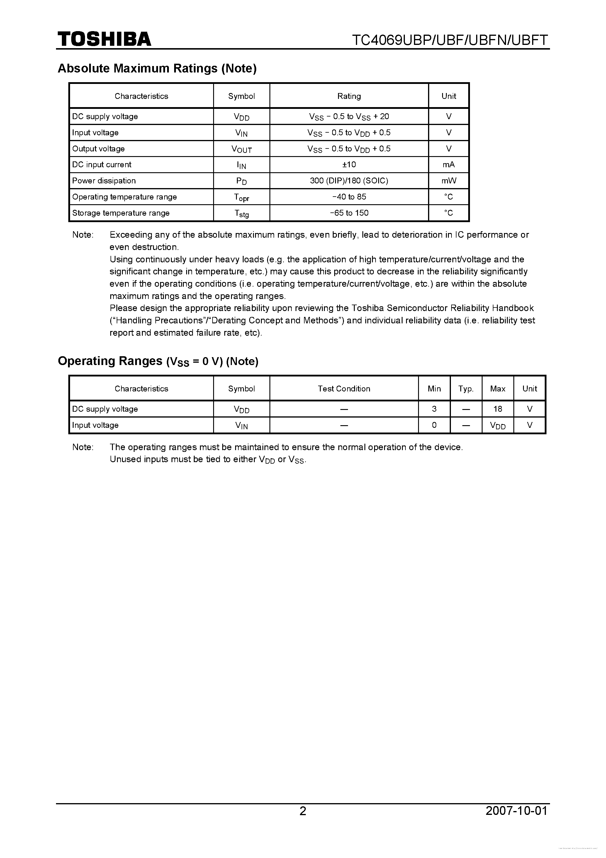 Datasheet TC4069UBF - page 2