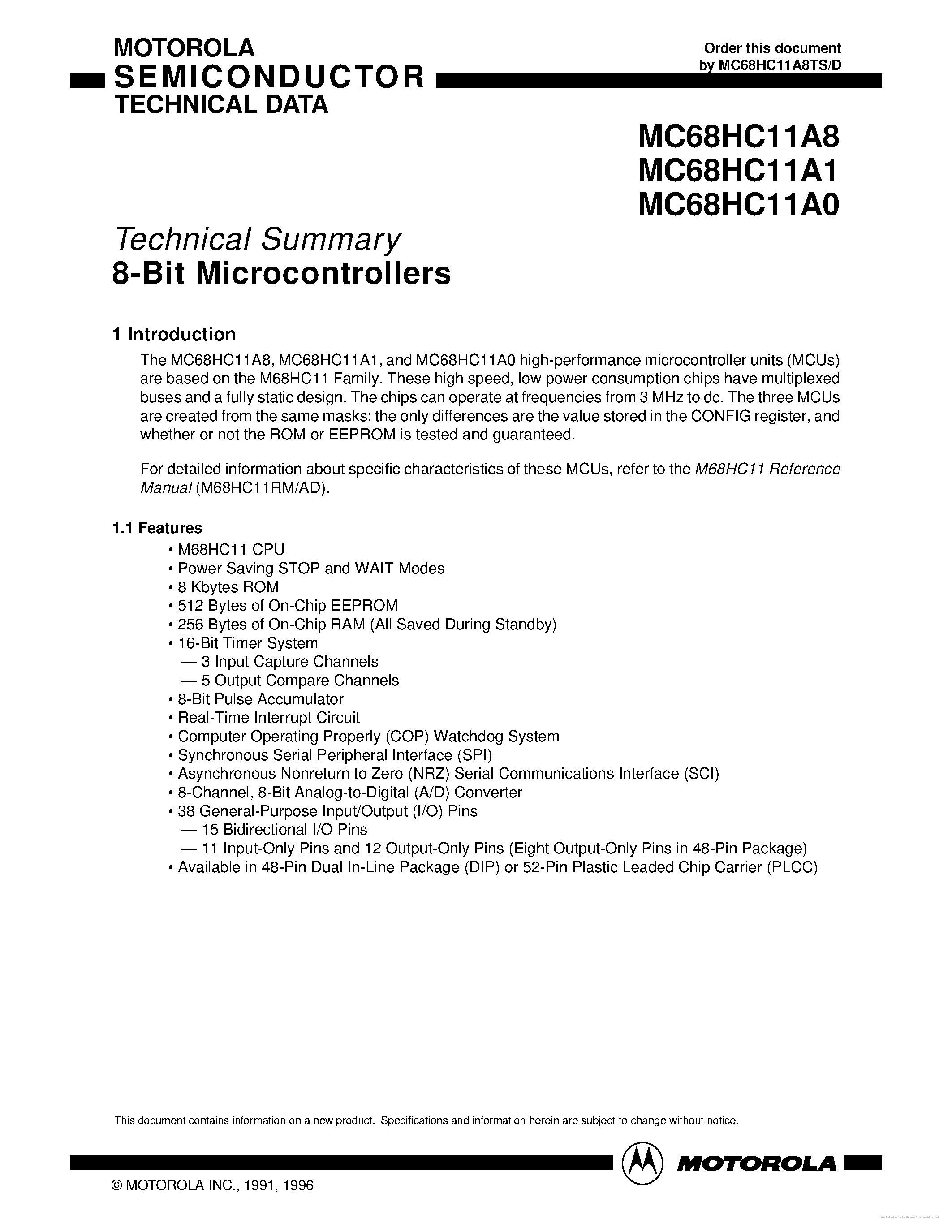 Datasheet MC68HC11A0 - page 1