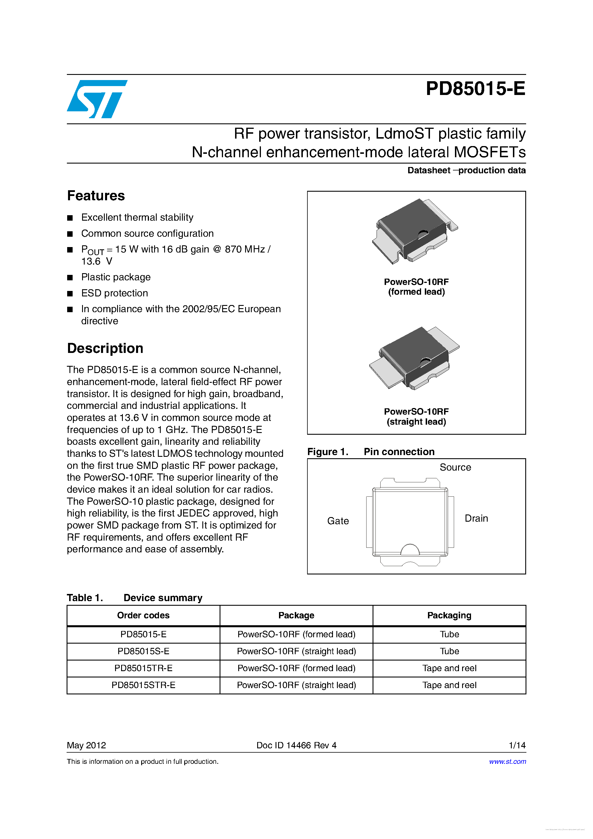 Datasheet PD85015-E - page 1