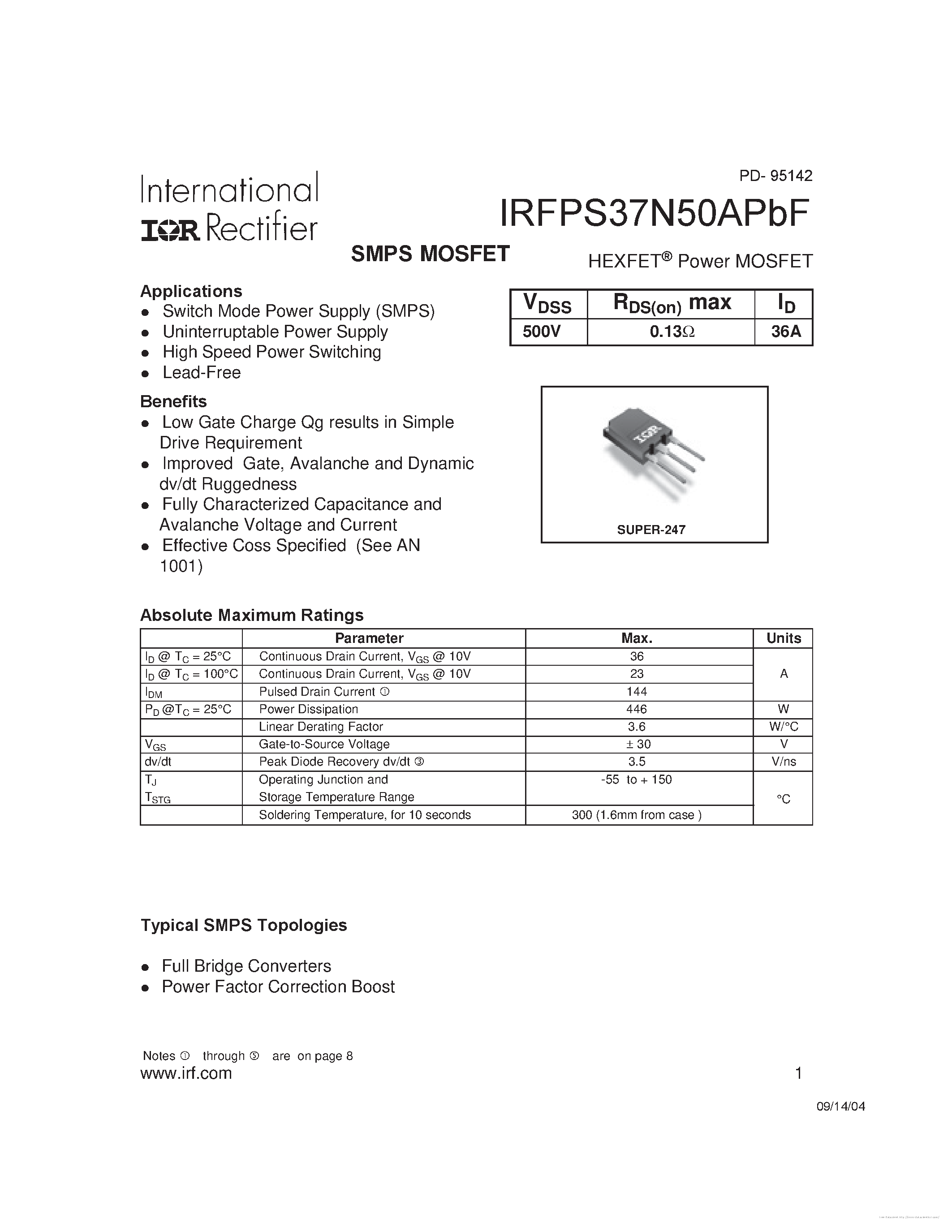 Datasheet IRFPS37N50APBF - page 1