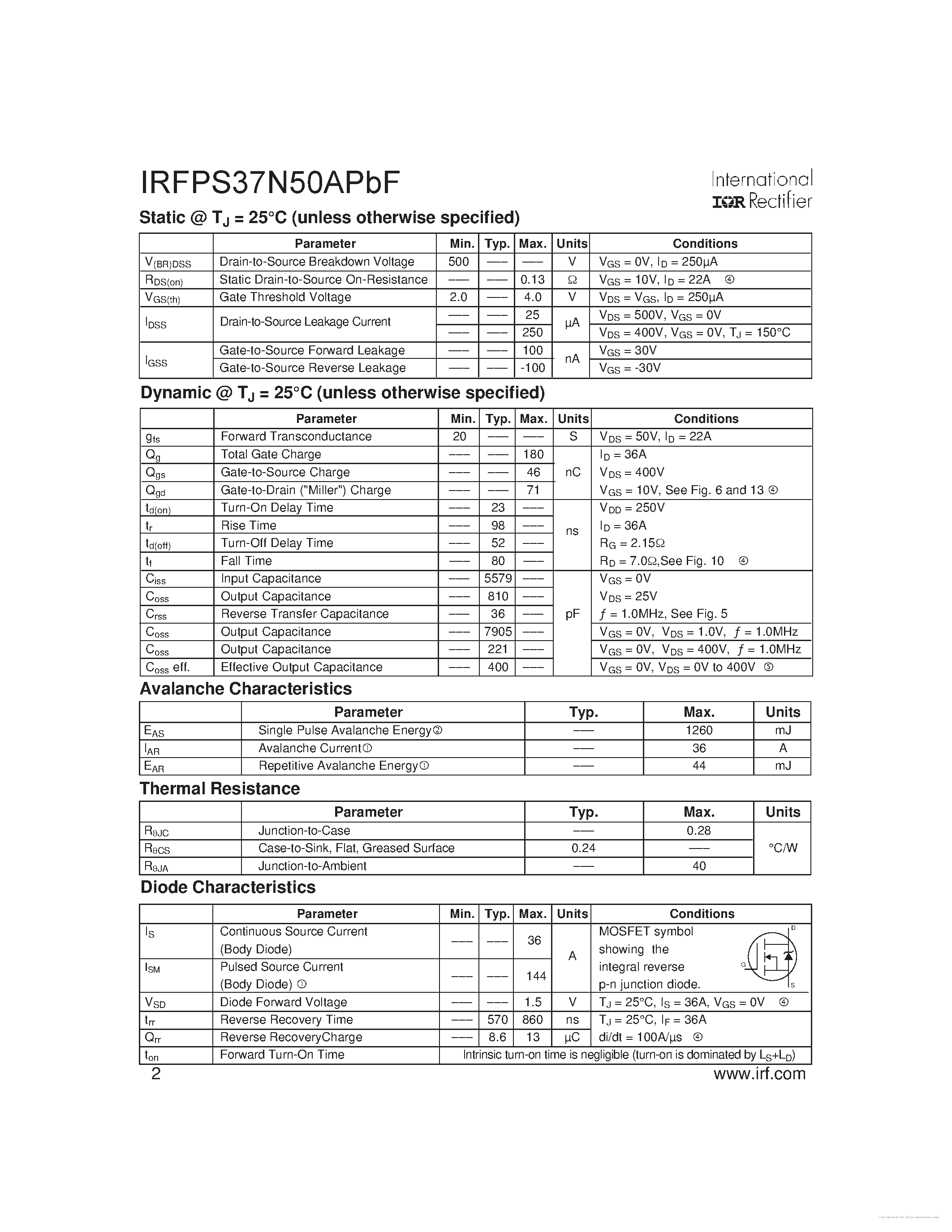 Datasheet IRFPS37N50APBF - page 2