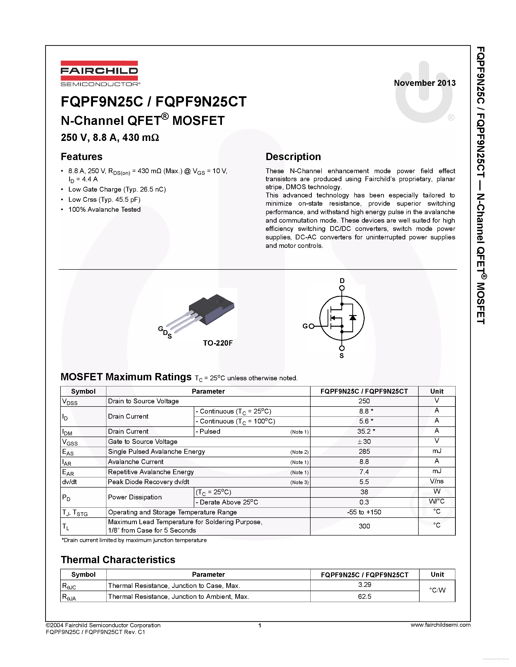 Datasheet FQPF9N25C - page 1