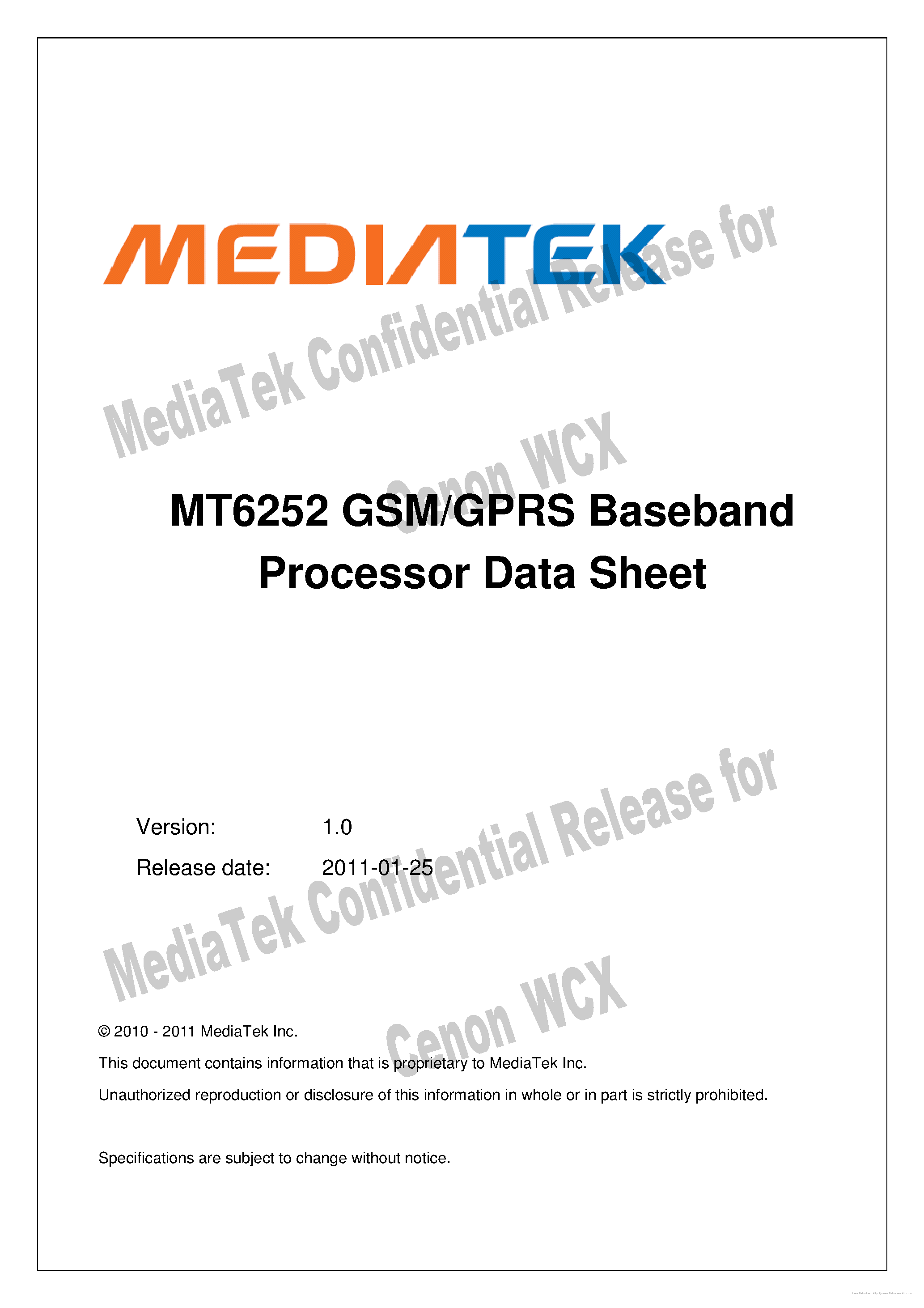 Даташит на микросхему MT6252 страница 1 Даташит MT6252 - страница 1