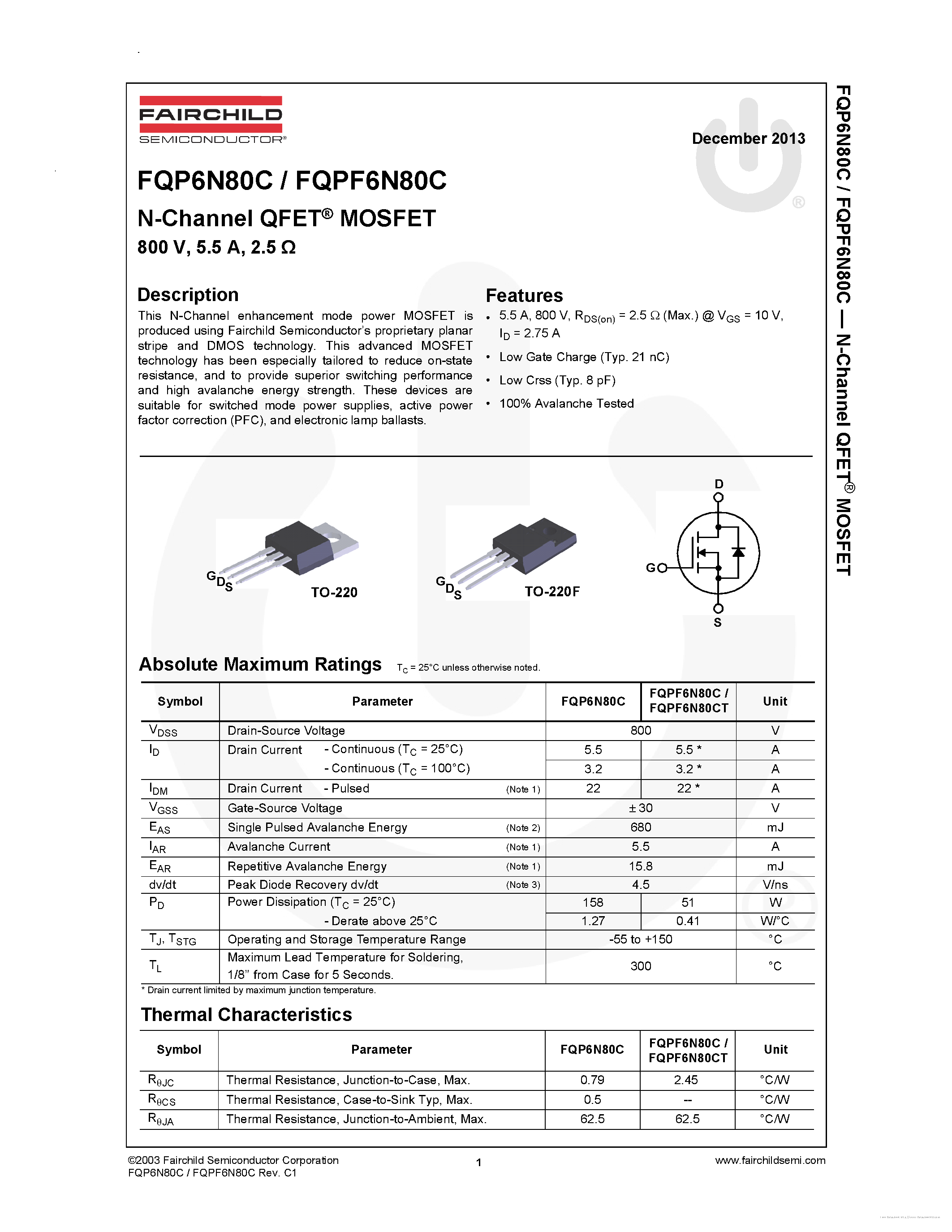Datasheet FQP6N80C - page 1
