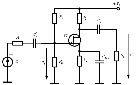 Схема резисторного каскада с ОИ