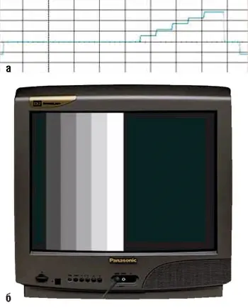 Фрагмент измерительного сигнала I, содержащий элемент D1 (а - форма сигнала; б - вид на экране телевизора)