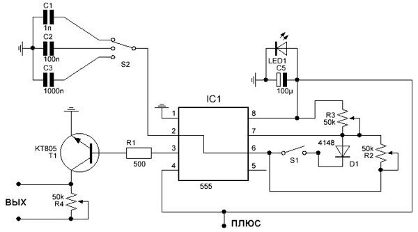 Схема регулируемого генератора на таймере 555